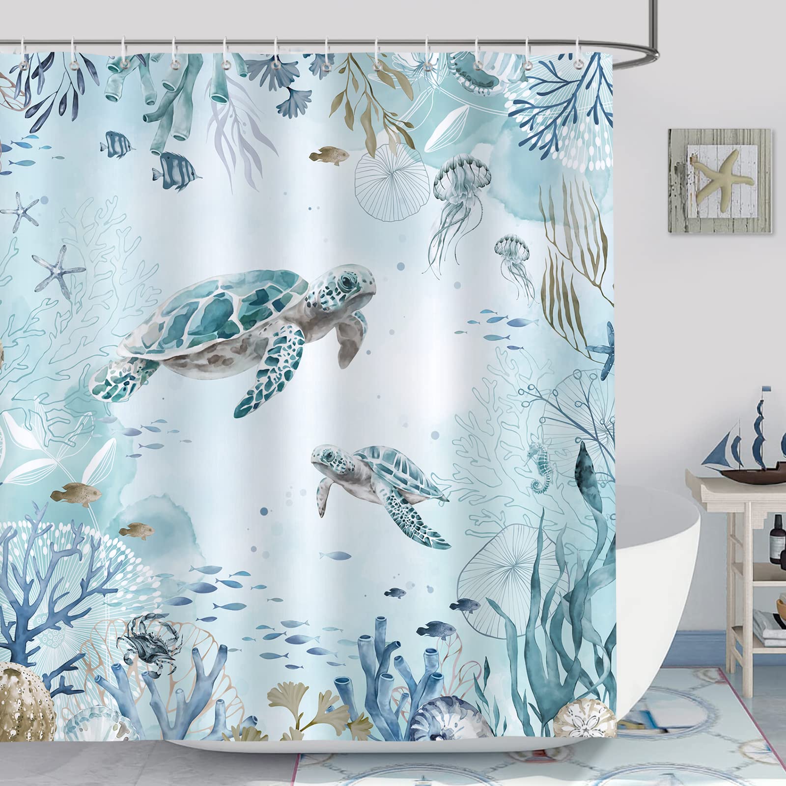 Bonhause Sea Turtle Shower Curtain for Bathroom Teal Blue Ocean Beach Coastal Decorative Bath Curtain 72 x 72 Inch Polyester Fab