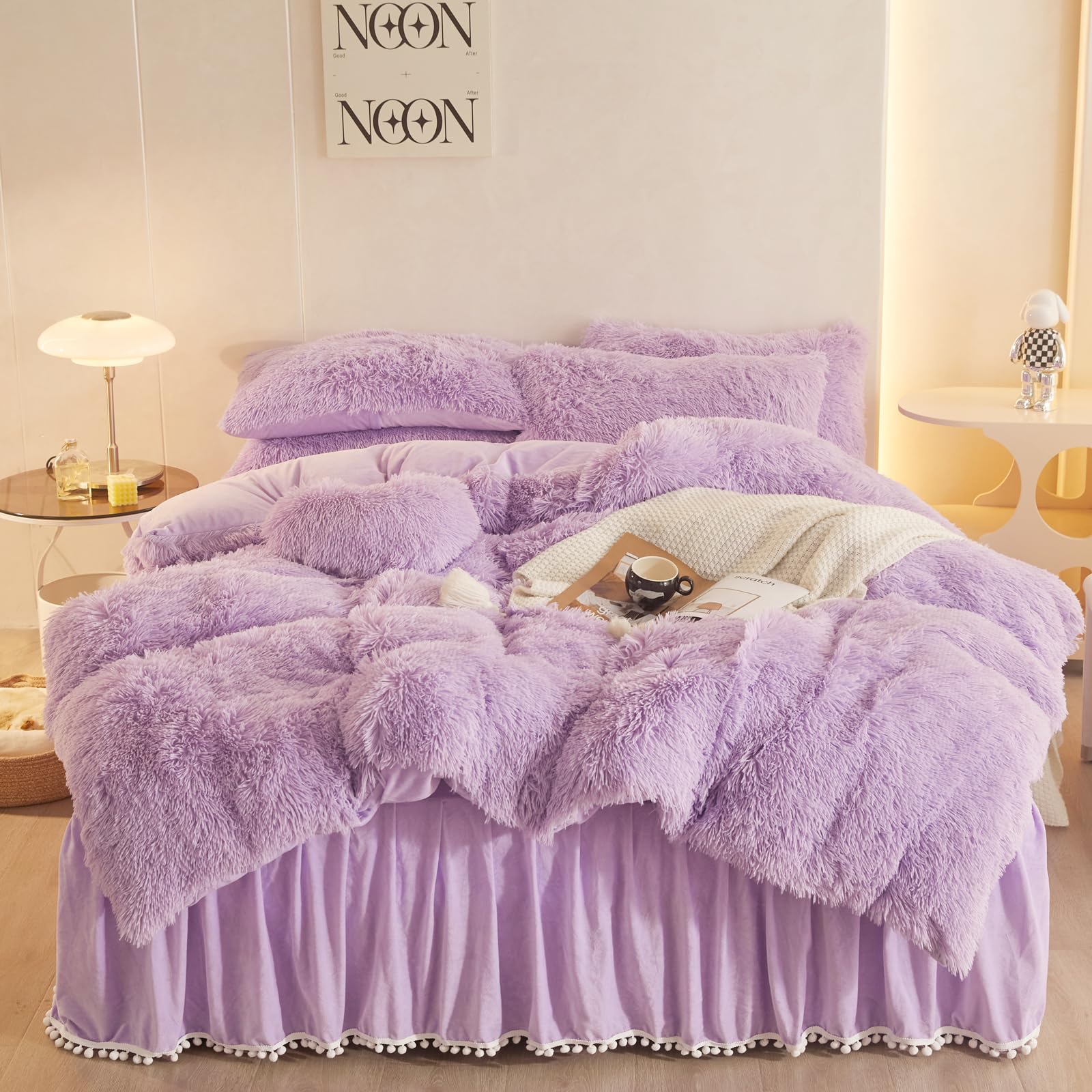 Haihua Fluffy Lavender Comforter Cover King Set,Faux Fur Comforter Cover Set 3 Pieces(1 Plush Duvet Cover +2 Shaggy Pillowcases)