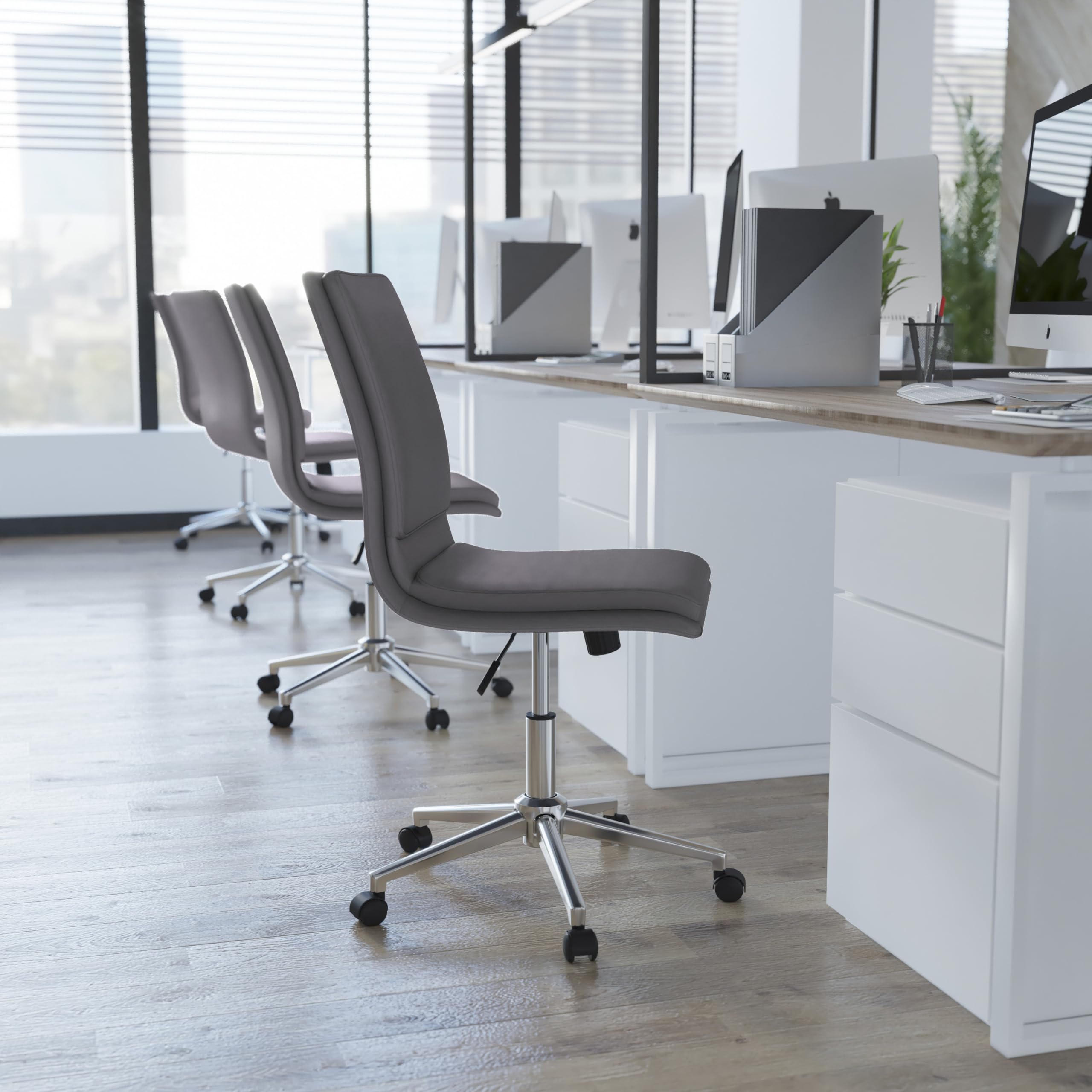 Flash Furniture Madigan Task Office Chair - Luxurious Gray Leathersoft Upholstery - Padded Mid-Back And Seat - Height Adjustable Chrome Base - Armless
