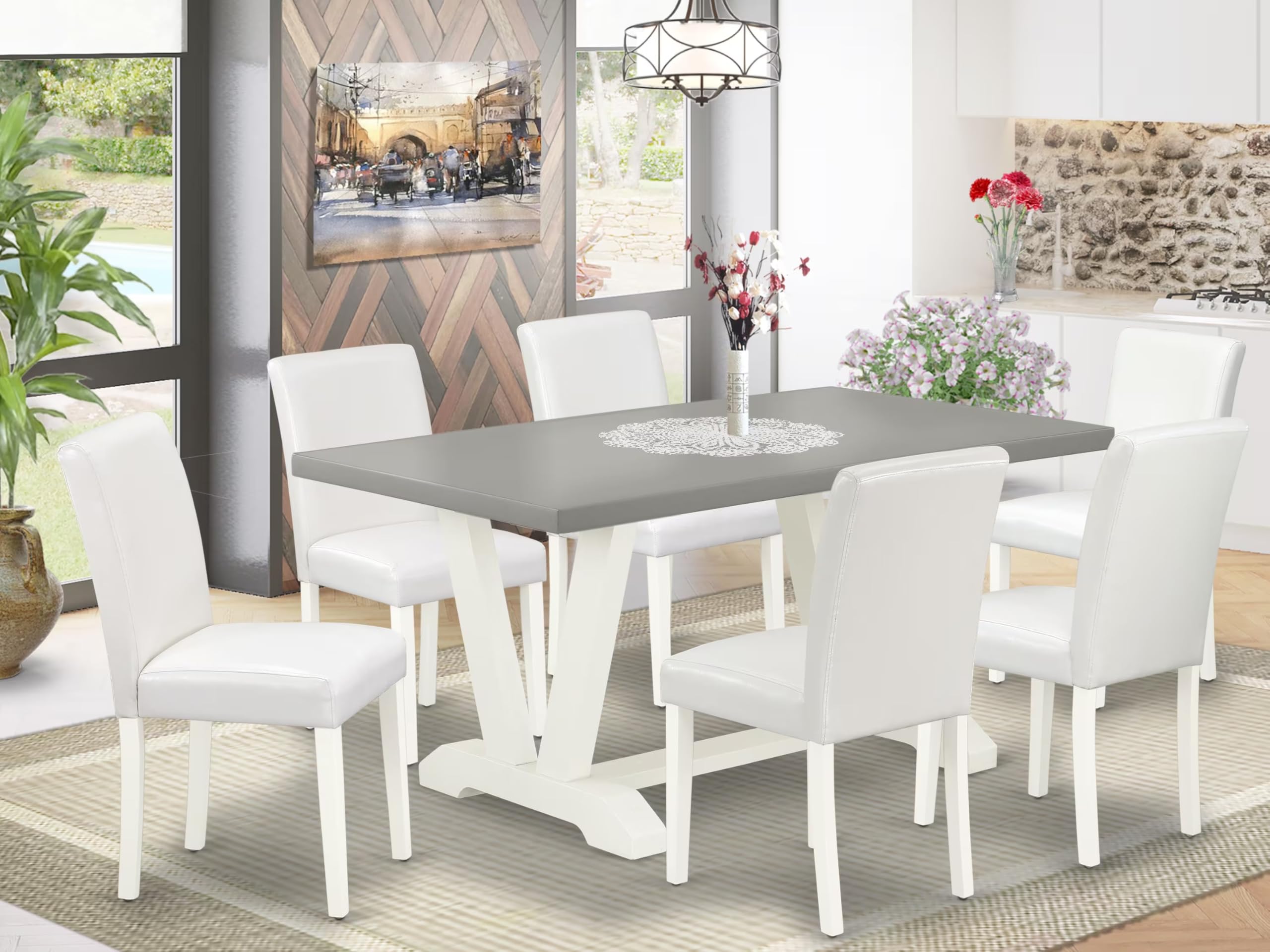 East West Furniture V096Ab264-7 7 Piece Dining Set Consist Of A Rectangle Dining Room Table With V-Legs And 6 White Faux Leather Upholstered Parson Chairs, 36X60 Inch, Multi-Color