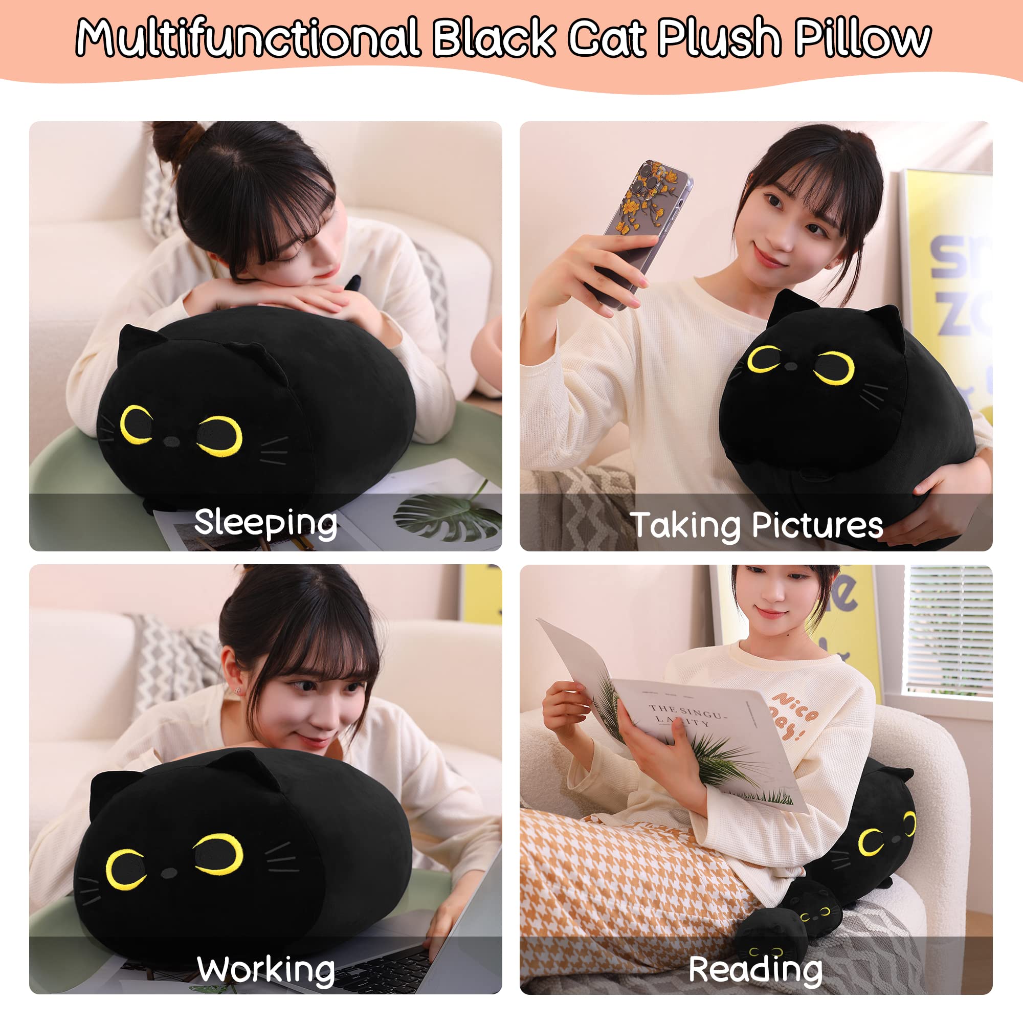 Sqeqe Black Cat Plush, Black Cat Stuffed Animals Plushie With 4 Cute Babies Cat Plushies In Her Tummy, Soft Black Cat Plushie Pi