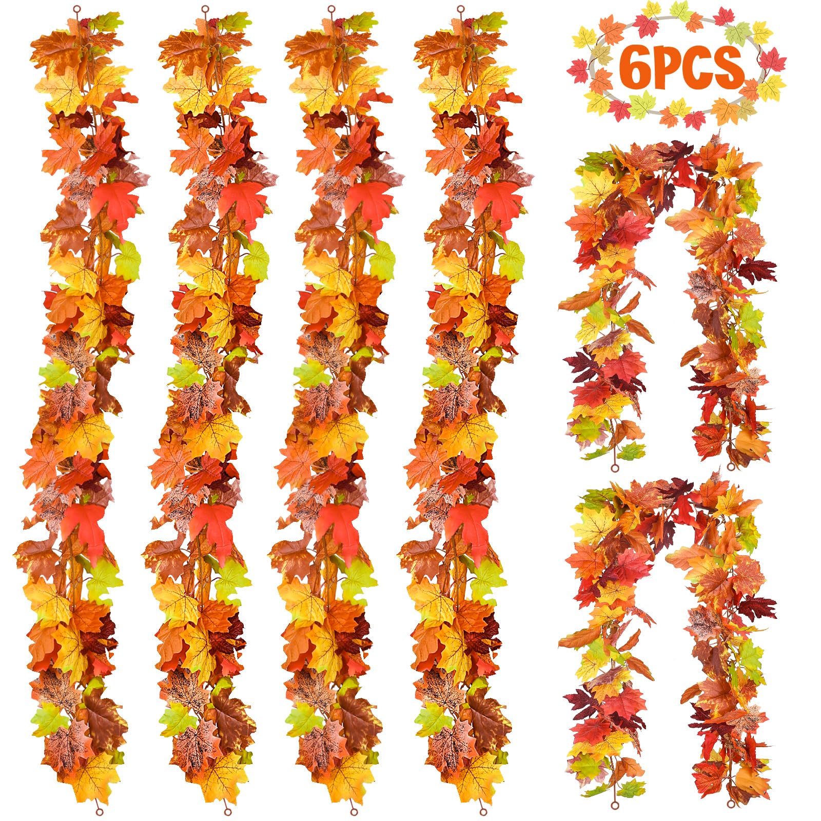 6 Pack Fall Decor for Home Fall Leaves Garland Thanksgiving Decorations Indoor Outdoor 5.8Ft/Piece Artificial Maple Leaf Garland