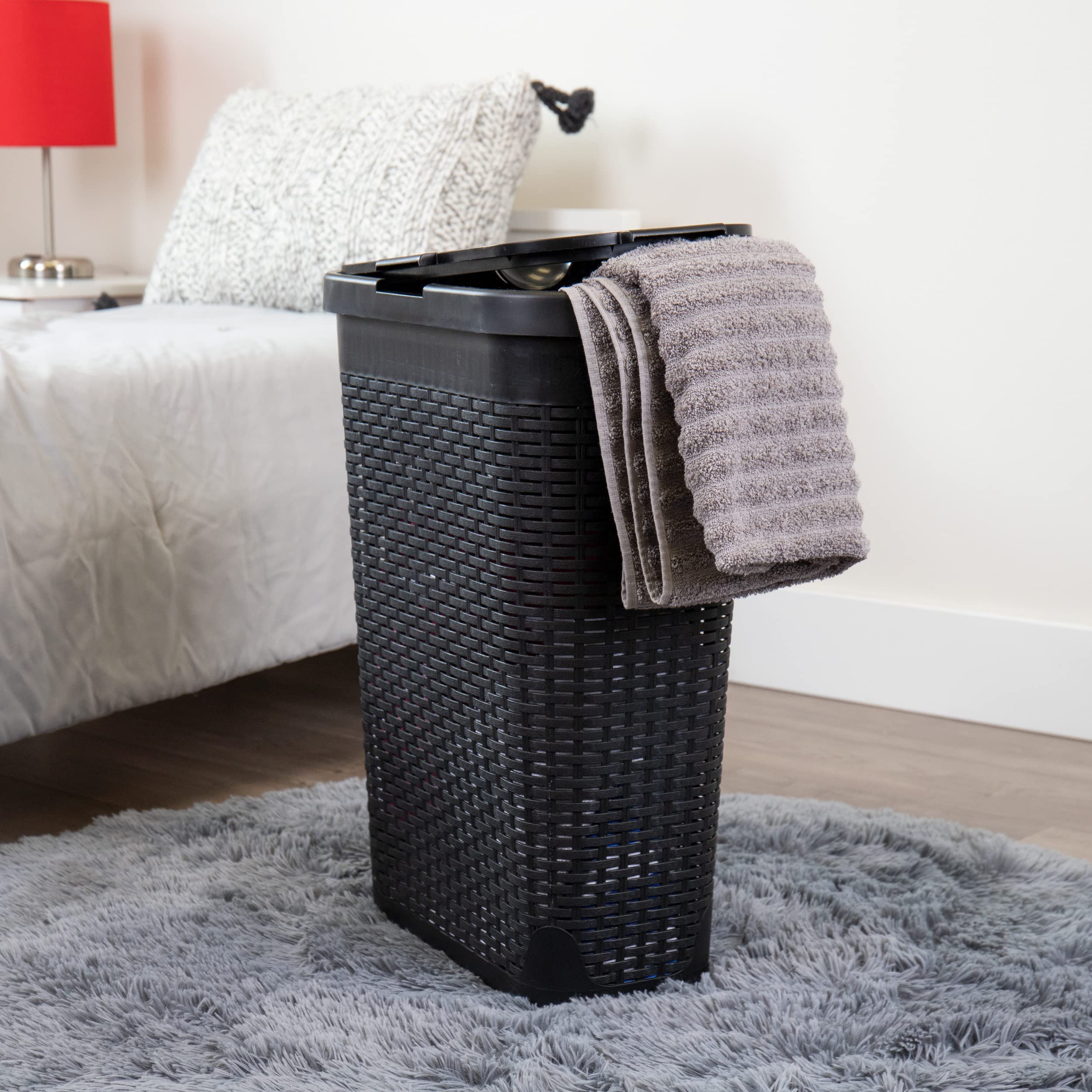 Mind Reader 40L Slim Laundry Hamper, Clothes Basket, Lid, Wicker Design, Plastic, 18''L X 10.4''W X 23.5''H, Set Of 2, Black
