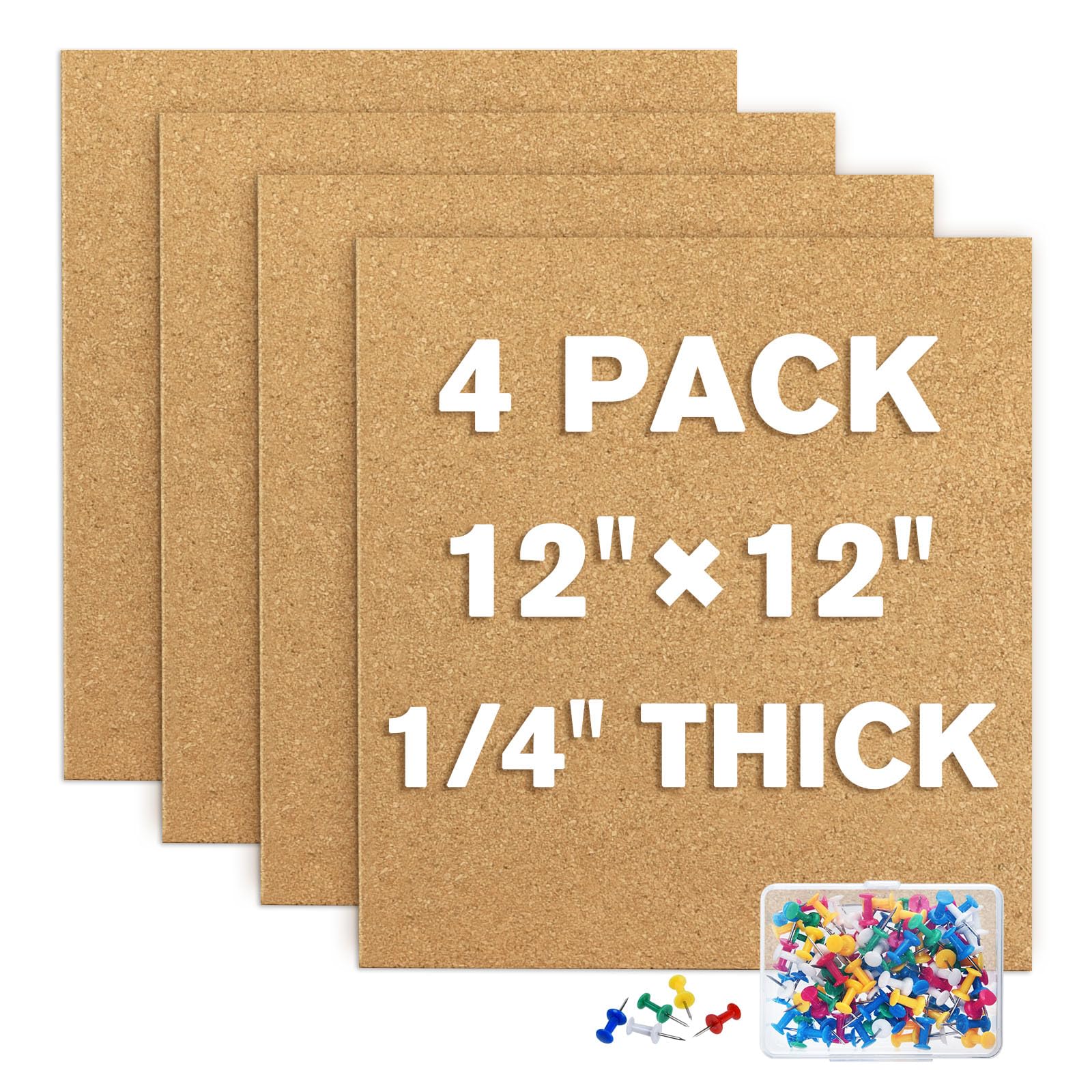 Tuparka 4 Pack Cork Board 12'X12' - 1/4' Self-Adhesive Corkboards For Wall With 100 Push Pins Wall Bulletin Boards Square Bul