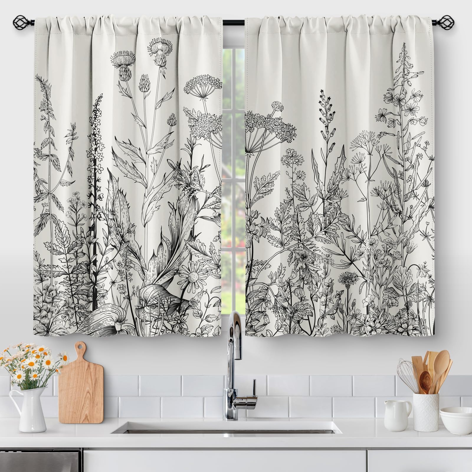 Aimego Flower Leaves Kitchen Curtains - Grey Floral Spring Rustic Plant Botanical Cafe Farmhouse Small Short Curtains For Bathro