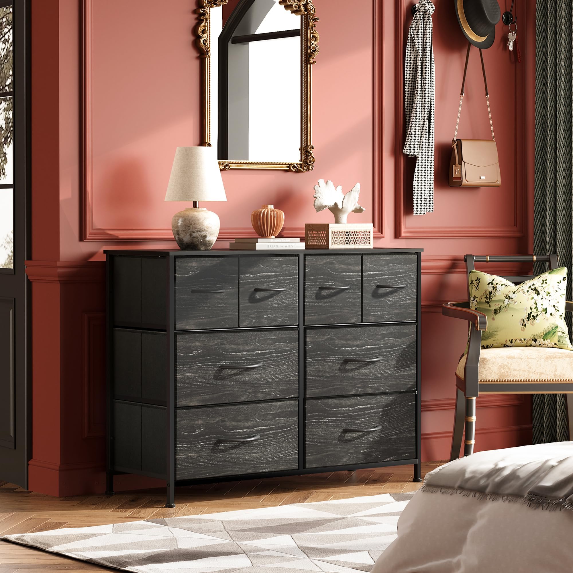 Wlive Dresser For Bedroom With 8 Drawers, Wide Fabric Dresser For Storage And Organization, Bedroom Dresser, Chest Of Drawers For Living Room, Closet, Hallway, Charcoal Black Wood Grain Print