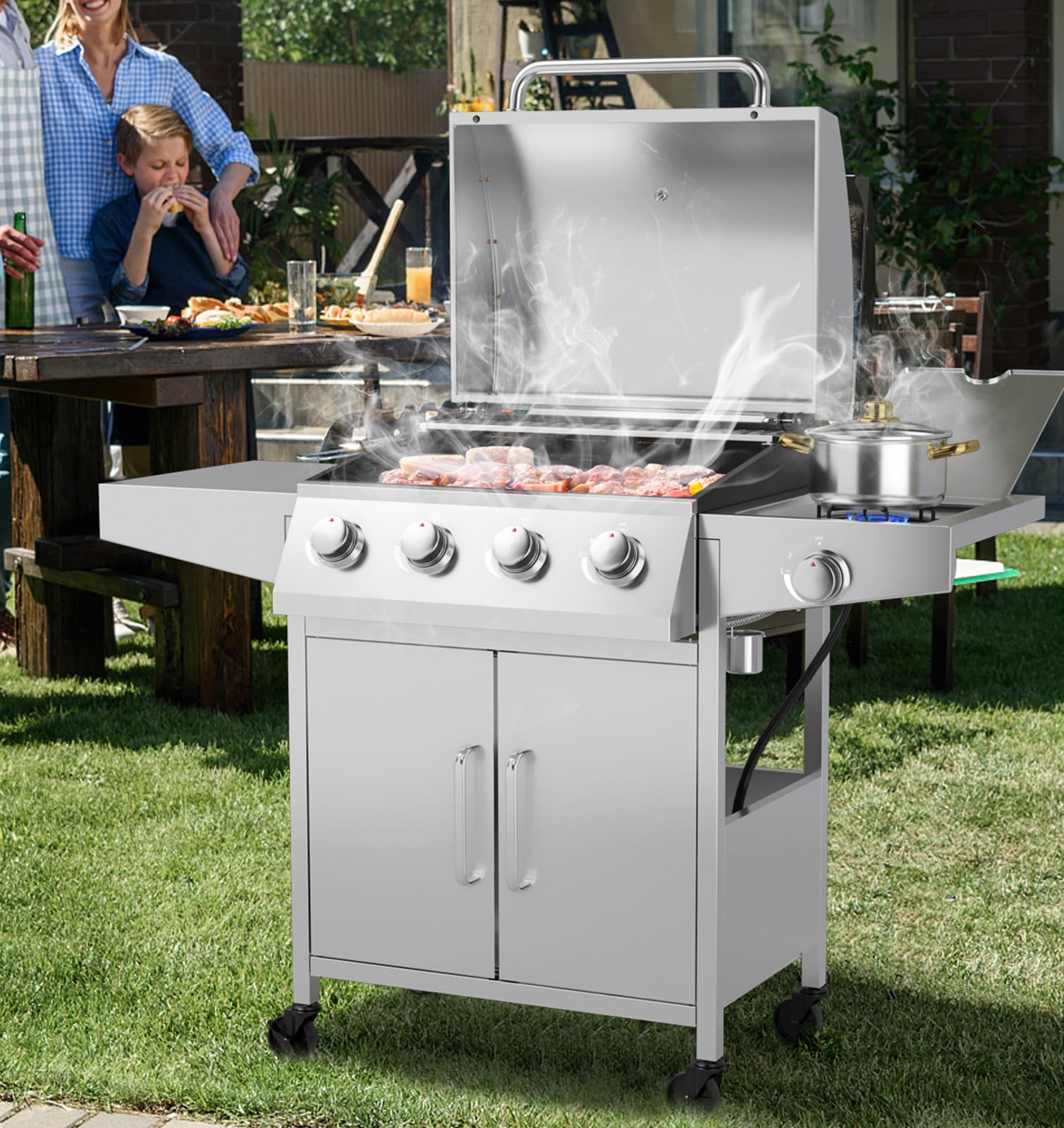 Giantex Propane Gas Grill 50,000 Btu, 4 Main Burners, 1 Side Burner, 2 Prep Tables, Stainless Steel Heavy-Duty Bbq Grill With 4