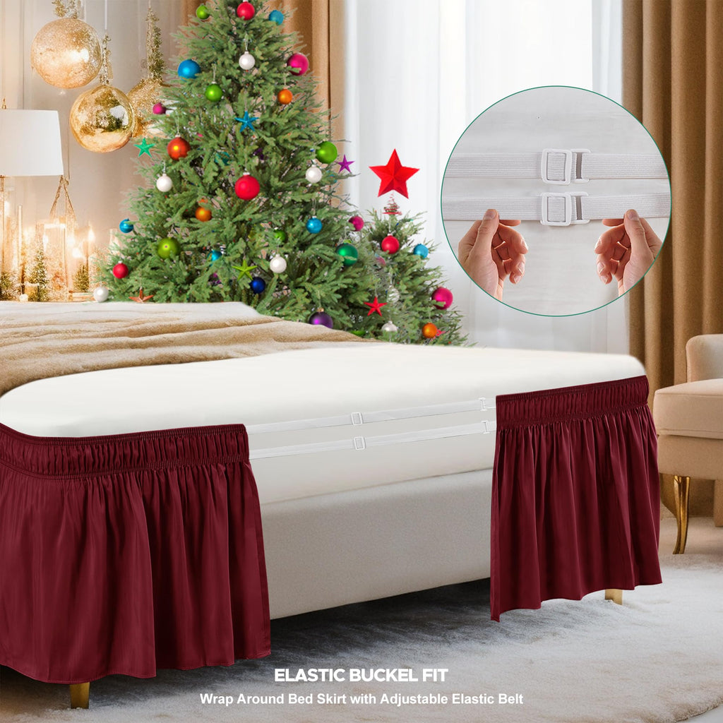 Biscaynebay Wrap Around Bed Skirts For King & Cal King Beds 16' Drop, Burgundy Adjustable Elastic Dust Ruffles Easy Fit Wrinkle & Fade Resistant Silky Luxurious Fabric Solid Machine Washable