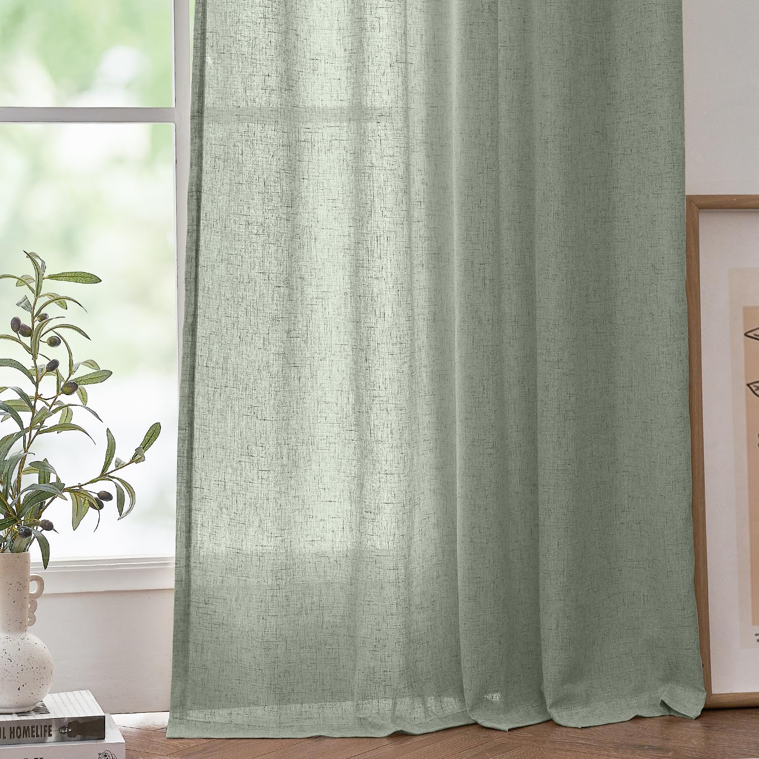 Jinchan Linen Blend Curtains 84 Inches Long For Living Room Farmhouse Rod Pocket Back Tab Light Filtering Window Drapes For Bedroom Curtains Green 2 Panels