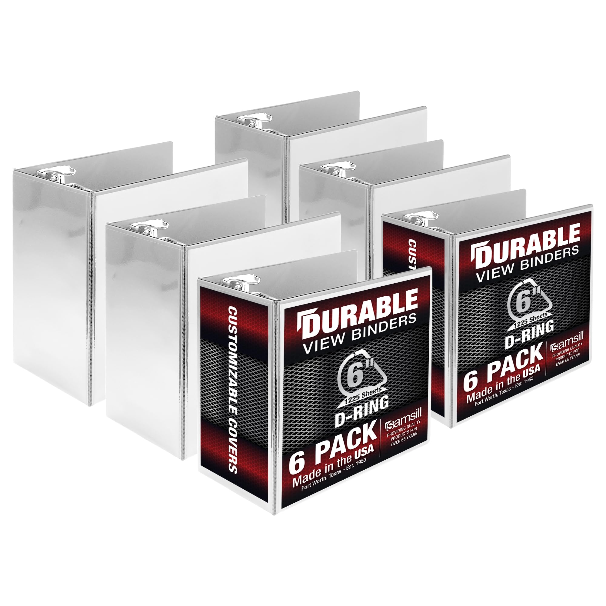 Samsill Durable 6 Inch Binder, Made In The Usa, Locking D Ring Customizable Clear View Binder, White, 6 Pack, Each Holds 1225 Pa