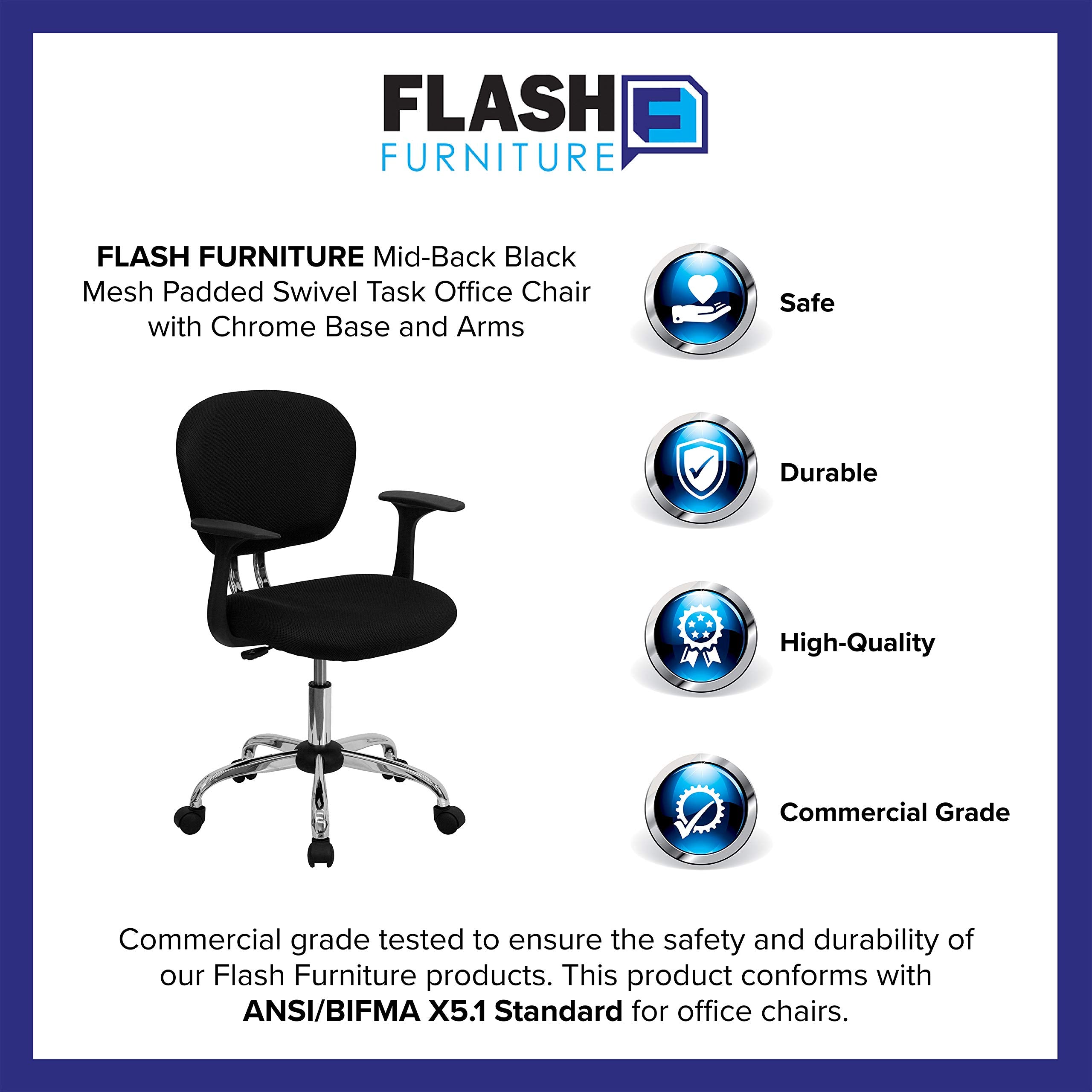 Flash Furniture Beverly Mid-Back Black Mesh Padded Swivel Task Office Chair With Chrome Base And Arms