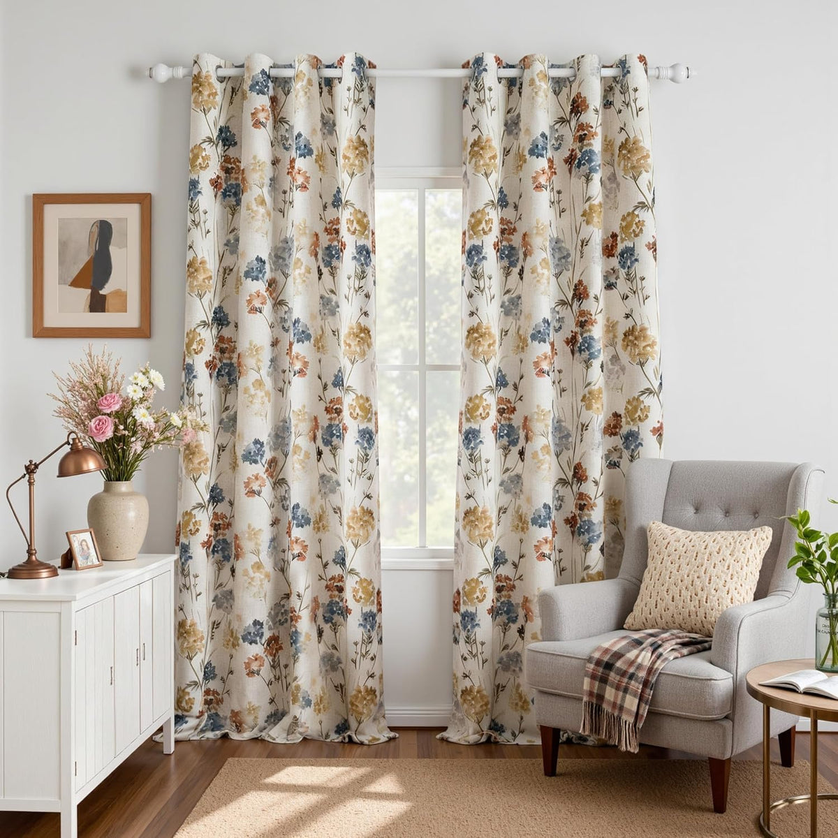 Roseate True White Out Curtains (7 Feet/Set of 2) Printed 80% Room Darkening Curtain for Bedroom, Living Room (Ivory/Willow/ 116