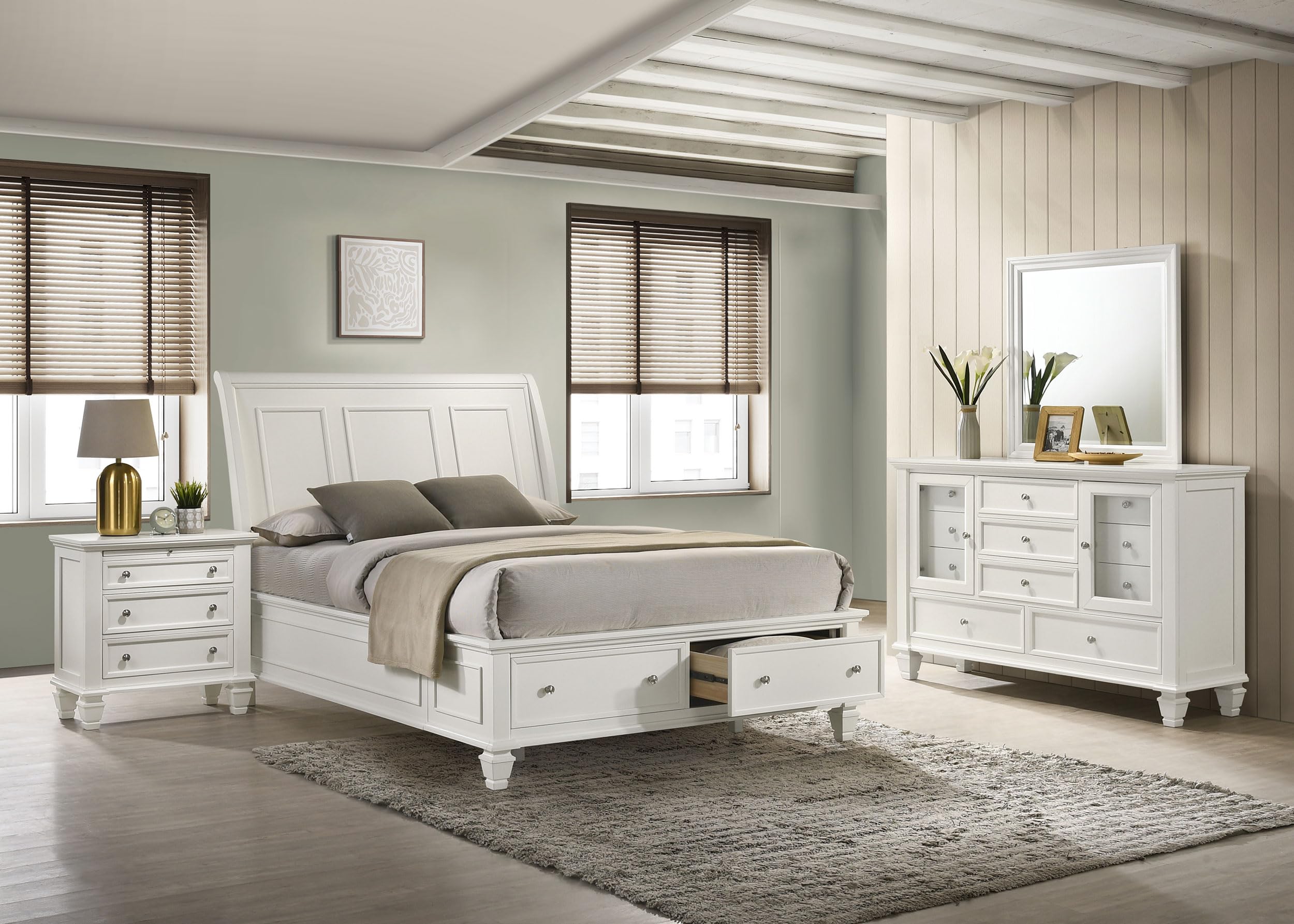 Coaster Home Furnishings Sandy Beach Coastal 4-Piece Bedroom Set Queen Size Storage Panel Bed Frame 57-inch Headboard Cream White 201309Q-S4