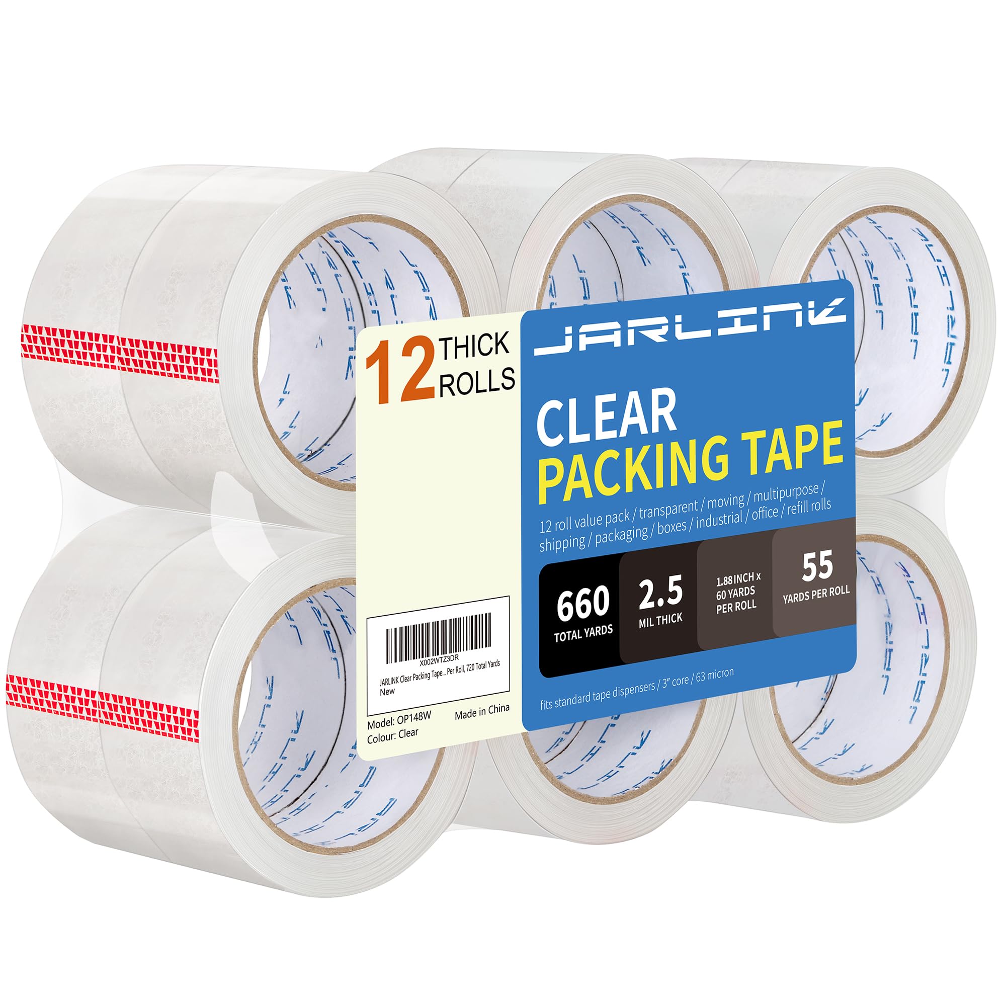 Jarlink Clear Packing Tape (12 Rolls), Heavy Duty Packaging Tape For Shipping Packaging Moving Sealing, 1.88 Inches Wide, 55 Yar