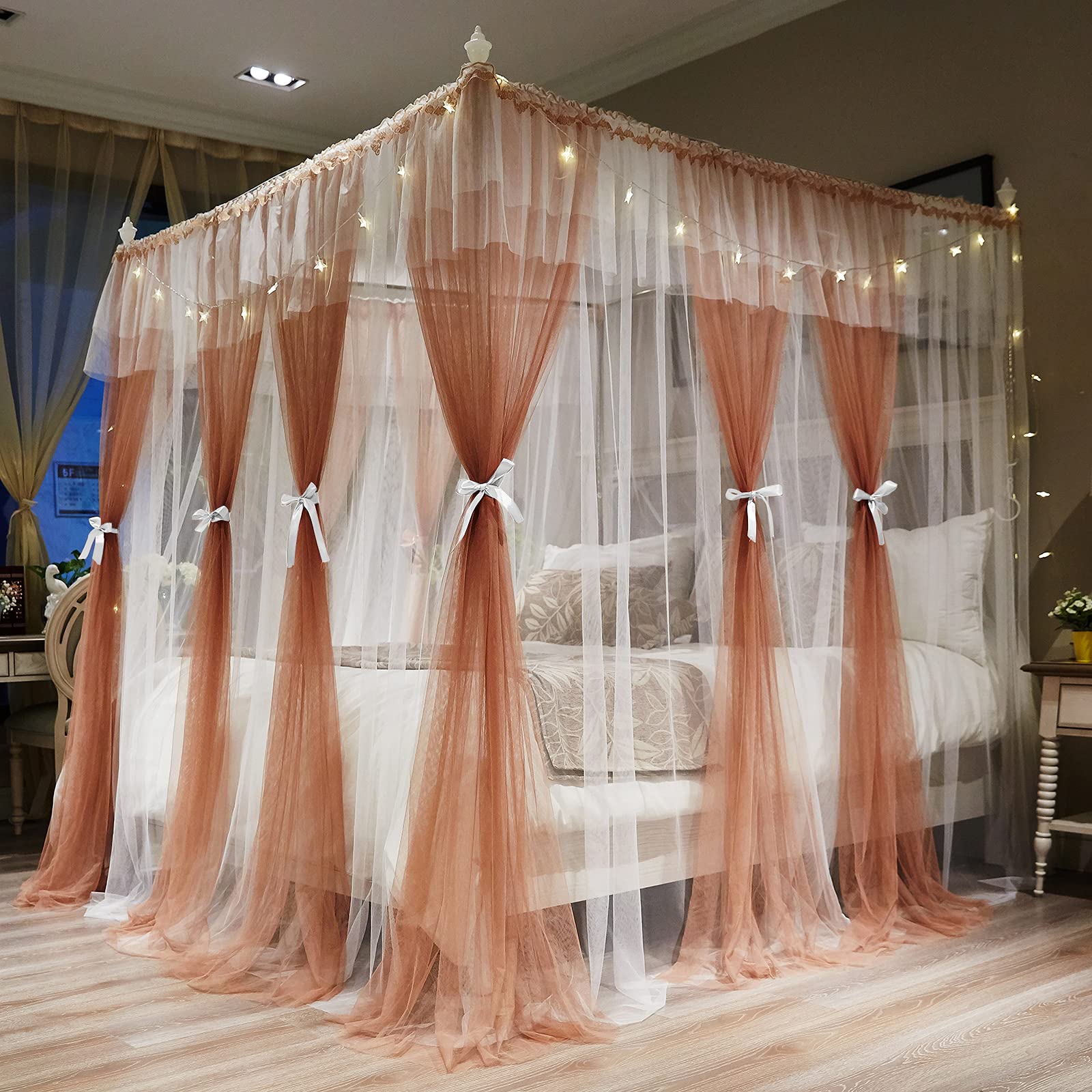 Joyreap Luxury 4 Corners Post Canopy Bed Curtains - Coral & White Cozy Drape Netting - Cute Princess Bedroom Decoration Accessor