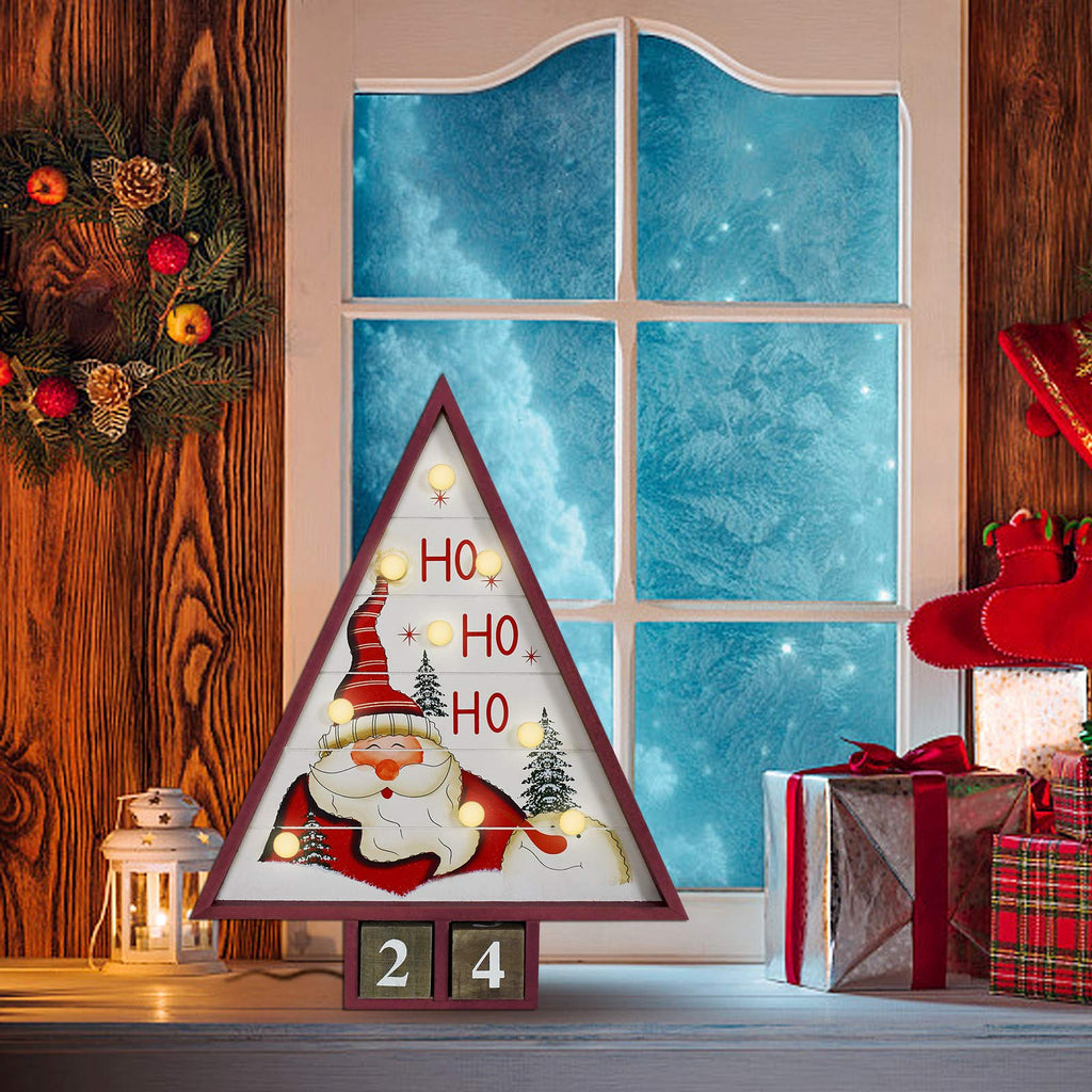 E-View Wooden Advent Countdown Calendar With Lights And 2 Blocks - Days Until Christmas Countdown - Wood Snowman Santa Christmas