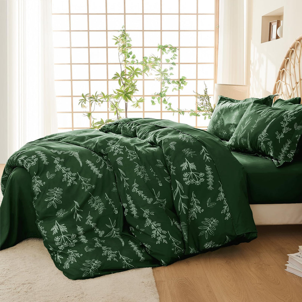 Muxhomo Dark Green Bed In A Bag Queen 7 Pieces, Queen Comforter Set Reversible Botanical Flowers Design, Ultra Soft & Breathable