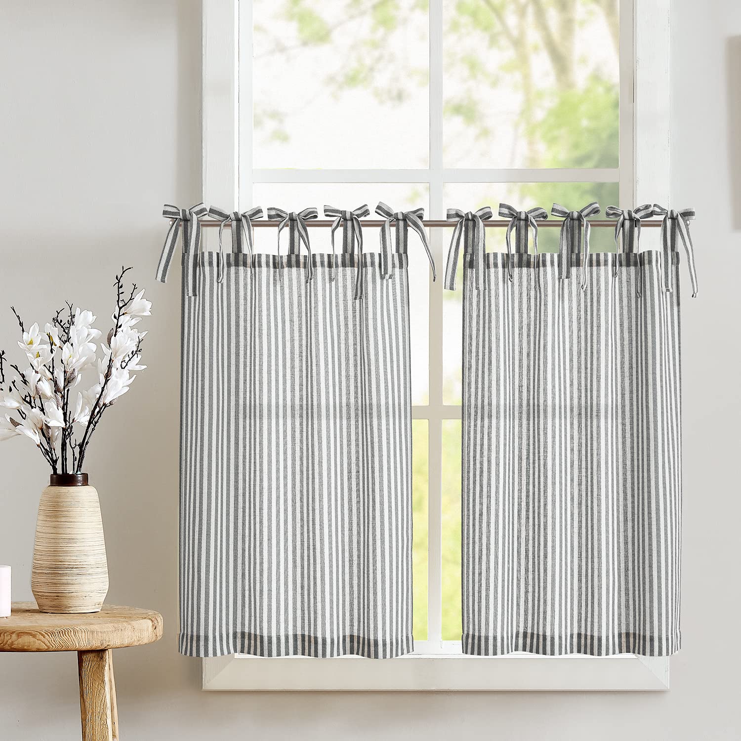 Jinchan Kitchen Curtains Striped Tie Top Linen Tier Curtains 36 Inch Length Short Curtains For Bedroom Living Room Bathroom Farmhouse Light Filtering Rod Pocket Cafe Curtains 2 Panels Black On Beige