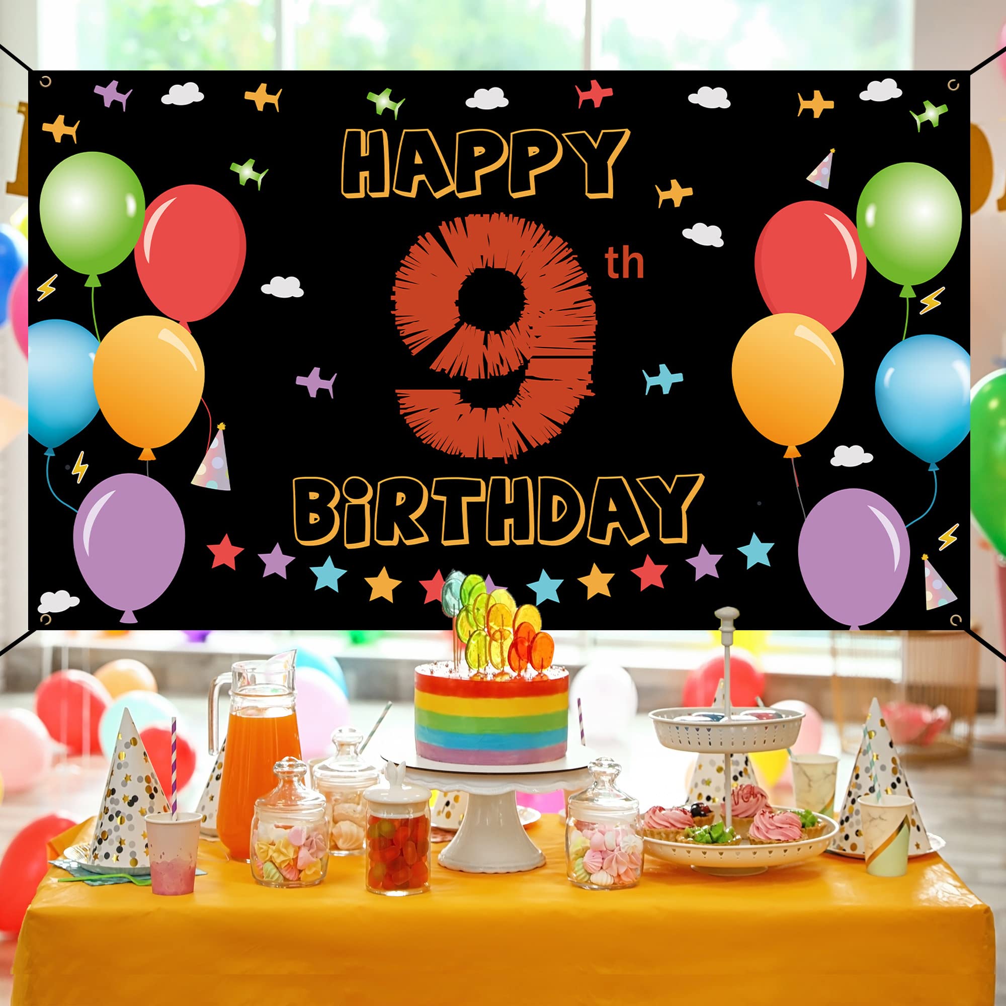 9Th Birthday Backdrop Banner, Happy 9Th Birthday Decorations For Girls Boys, 9 Year Old Birthday Yard Sign, Colorful Ninth Birth
