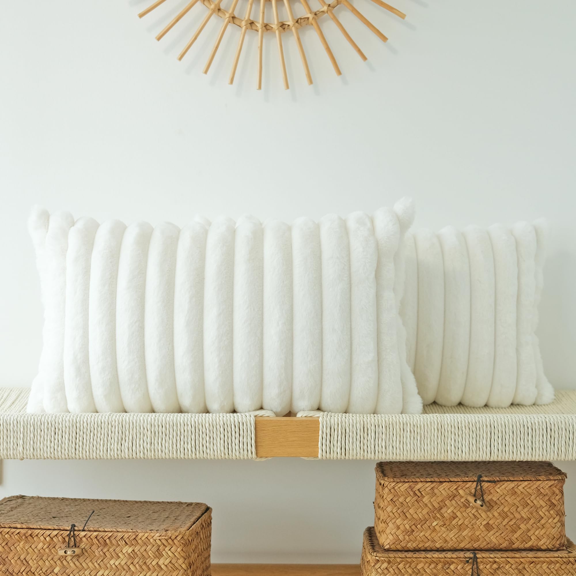 Jojusis Pack Of 2 Faux Fur Plush Decorative Throw Pillow Covers Couch Cushion Case Soft Pillowcases (White, 12 X 20-Inch)