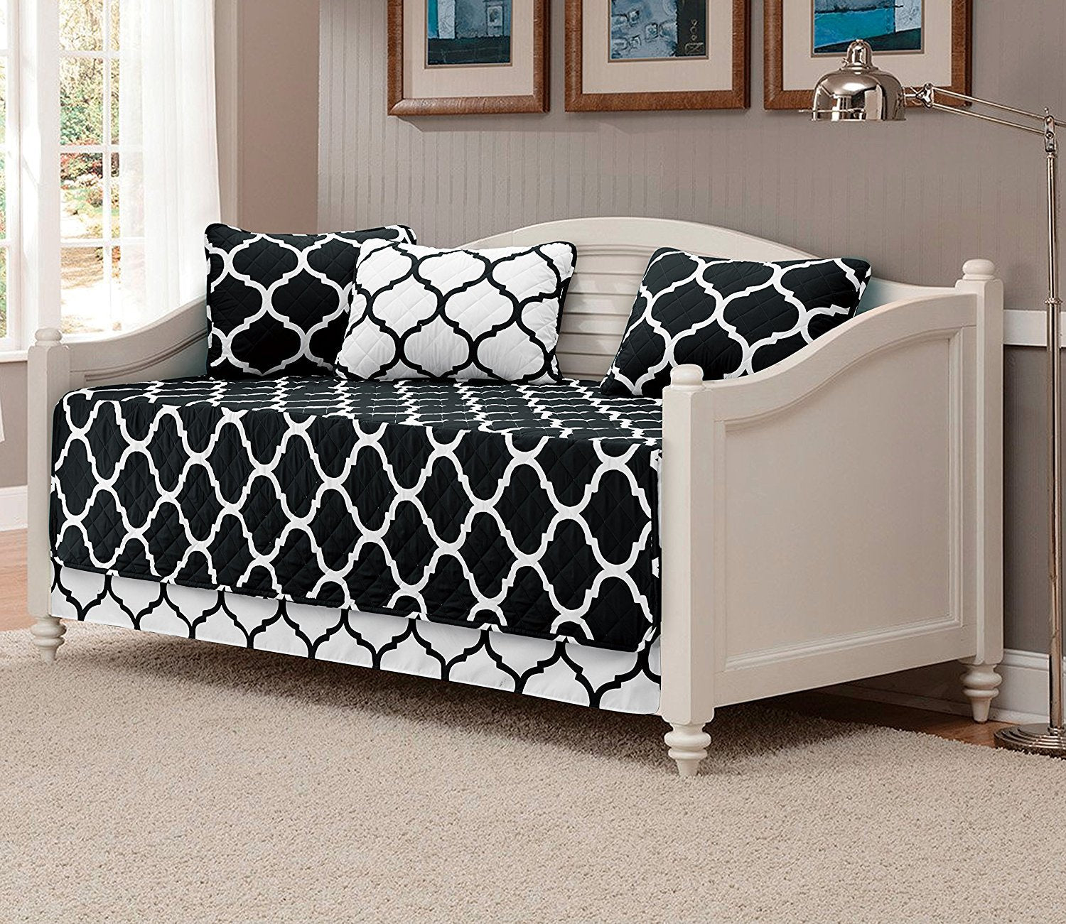 Linen Plus 5Pc Daybed Cover Set Quilted Bedspread New (Black/White)