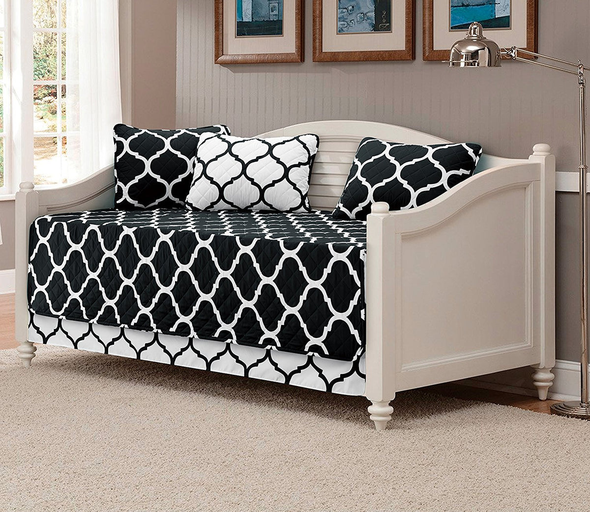 Linen Plus 5Pc Daybed Cover Set Quilted Bedspread New (Black/White)