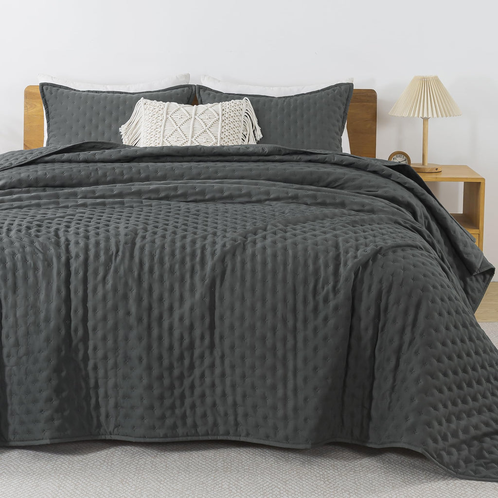 Andency Dark Grey Queen Size Quilt Bedding Set (90X96 Inch), 3 Pieces Soft Lightweight Bedspread Coverlet, Drak Gray Boho Summer