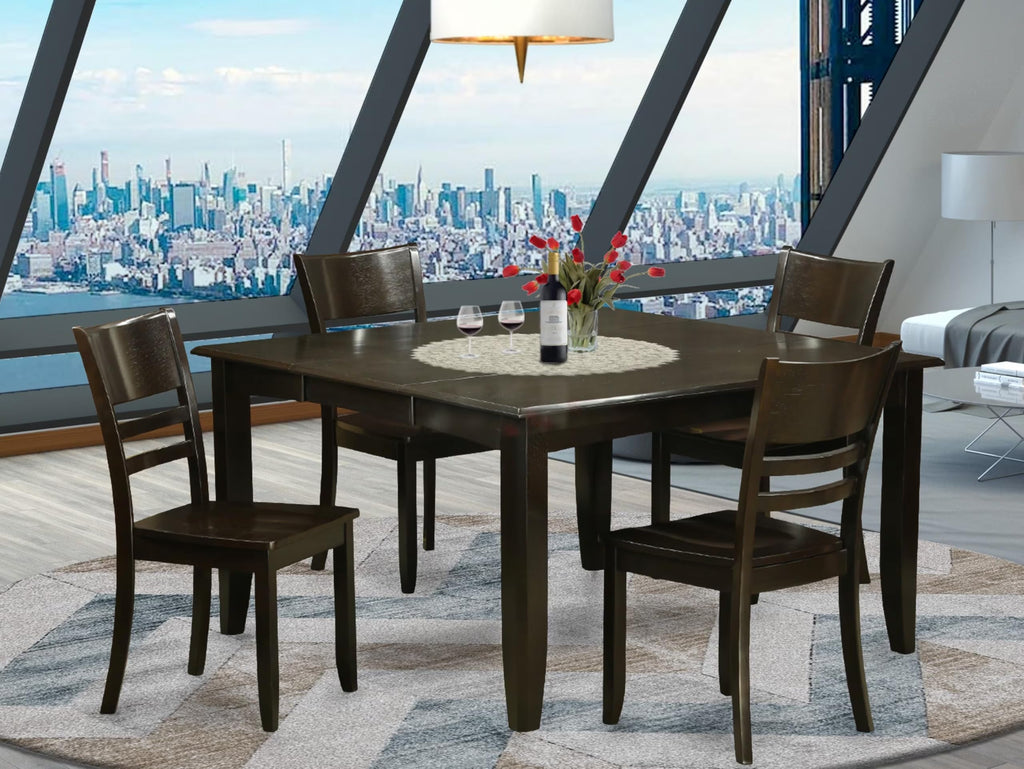 East West Furniture PFLY5-CAP-W 5 Piece Dining Set Includes a Square Dining Room Table with Butterfly Leaf and 4 Kitchen Chairs, 54x54 Inch, Cappuccino