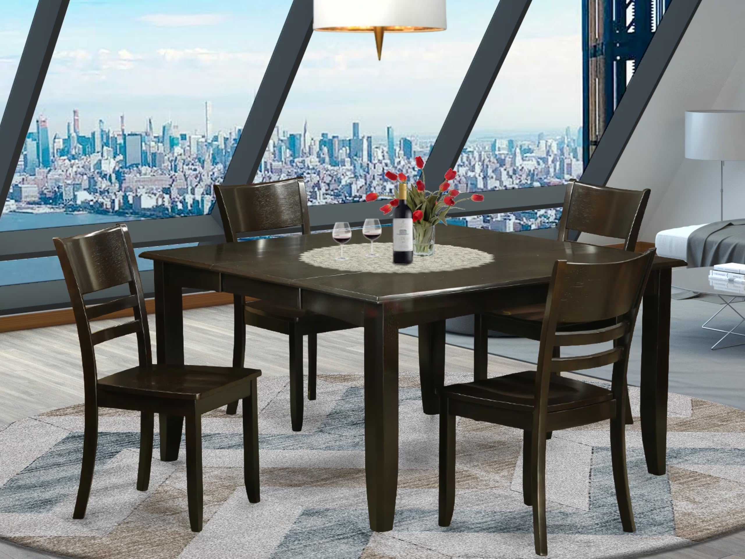 East West Furniture PFLY5-CAP-W 5 Piece Dining Set Includes a Square Dining Room Table with Butterfly Leaf and 4 Kitchen Chairs, 54x54 Inch, Cappuccino