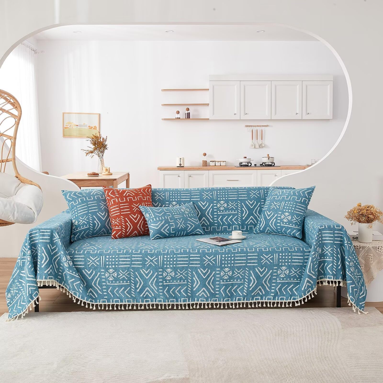 Vclife Boho Sofa Cover Modern Blue White Geometry Jacquard Couch Cover For 2 Cushion Couch Sofa Non Slip Thick Chenille Loveseat