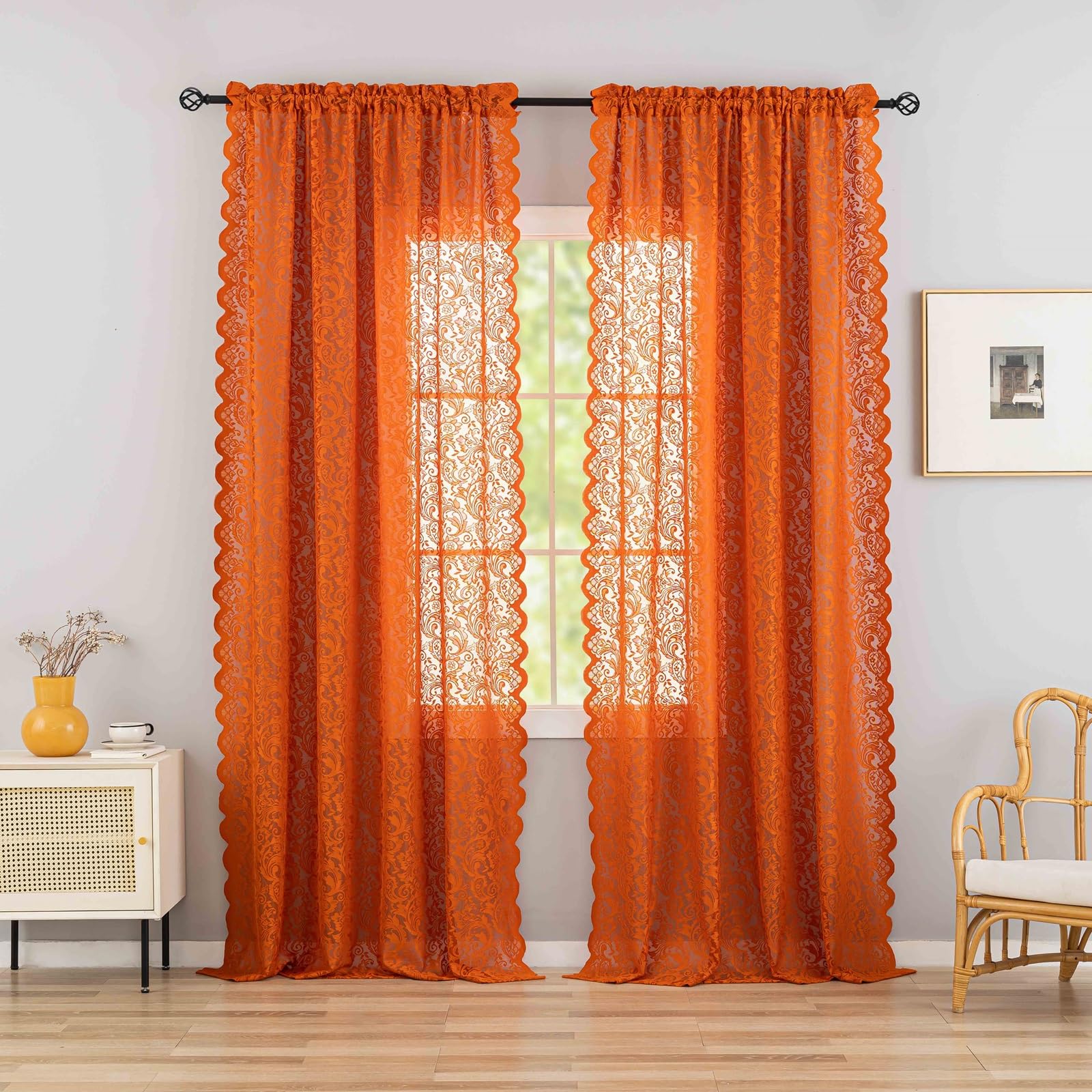Aligogo Orange Sheer Curtains Luxury Embroidered Floral Fall Curtains 96 Inches Long For Living Room Boho Orange Curtains 2 Pane