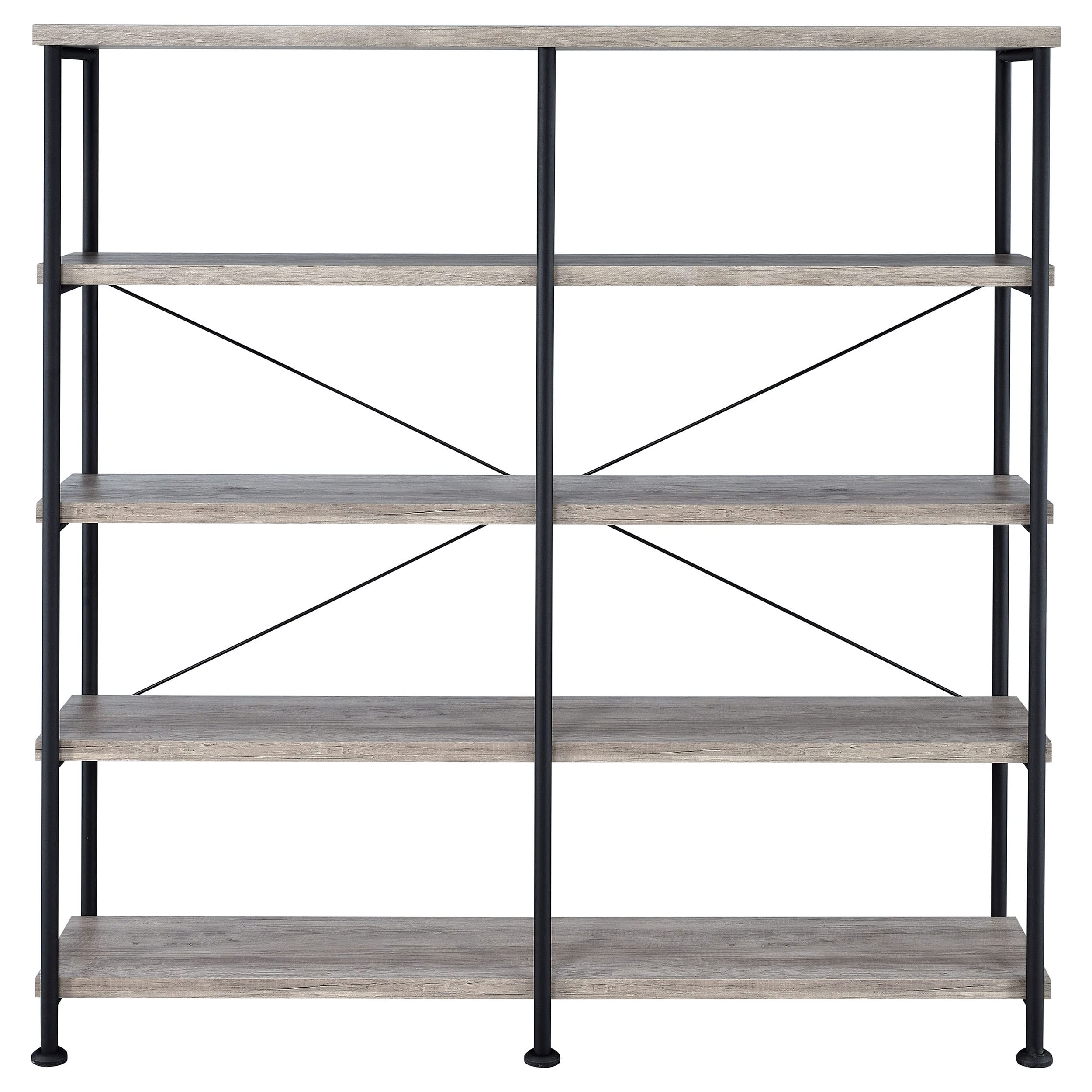 Coaster Home Furnishings Analiese Rustic Industrial 4-Tier Double Bookcase Etagere Bookshelf Office Storage Book Shelf Engineered Eco-Friendly Wood Laminate Sturdy Black Steel Grey Driftwood 801544