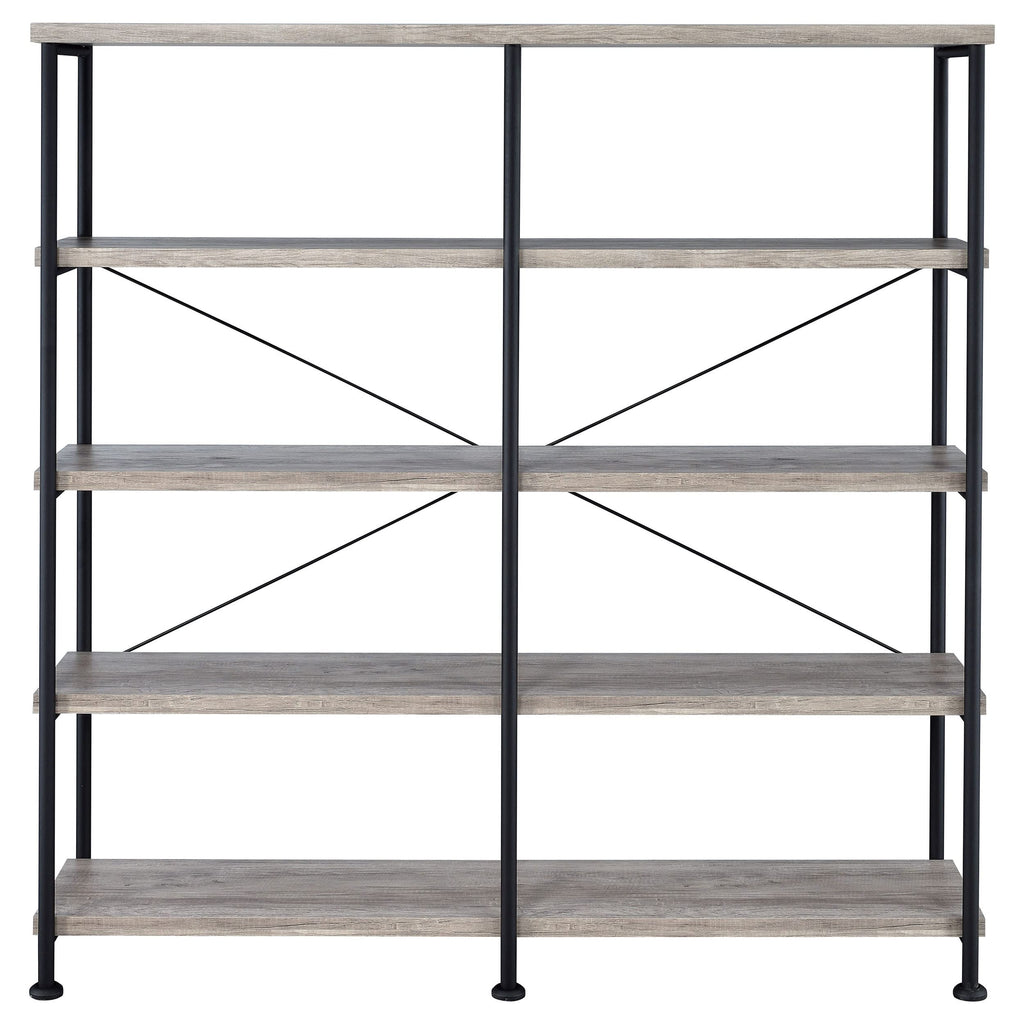 Coaster Home Furnishings Analiese Rustic Industrial 4-Tier Double Bookcase Etagere Bookshelf Office Storage Book Shelf Engineered Eco-Friendly Wood Laminate Sturdy Black Steel Grey Driftwood 801544