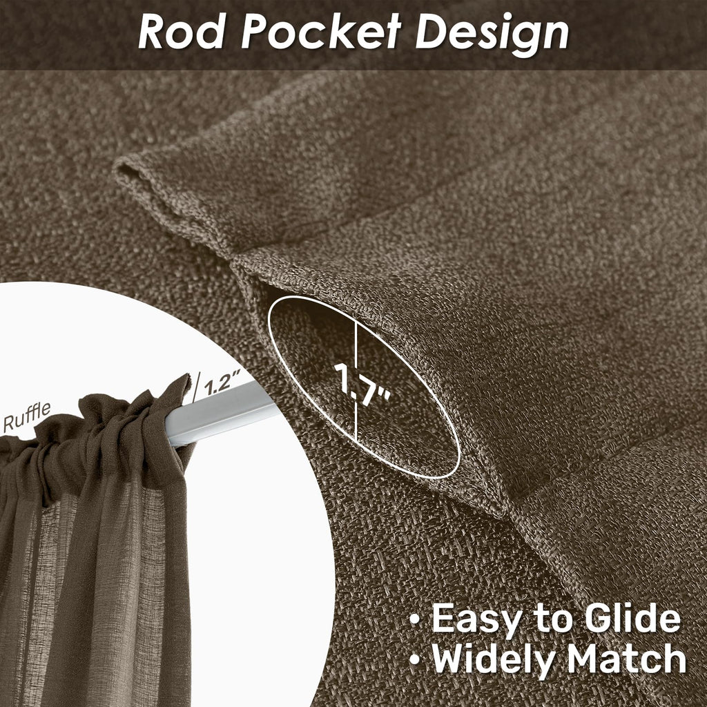 Melodieux Brown Semi Sheer Curtains 72 Inches Long For Bedroom, Living Room Linen Look Privacy Window Rod Pocket Sheer Drapes, 5