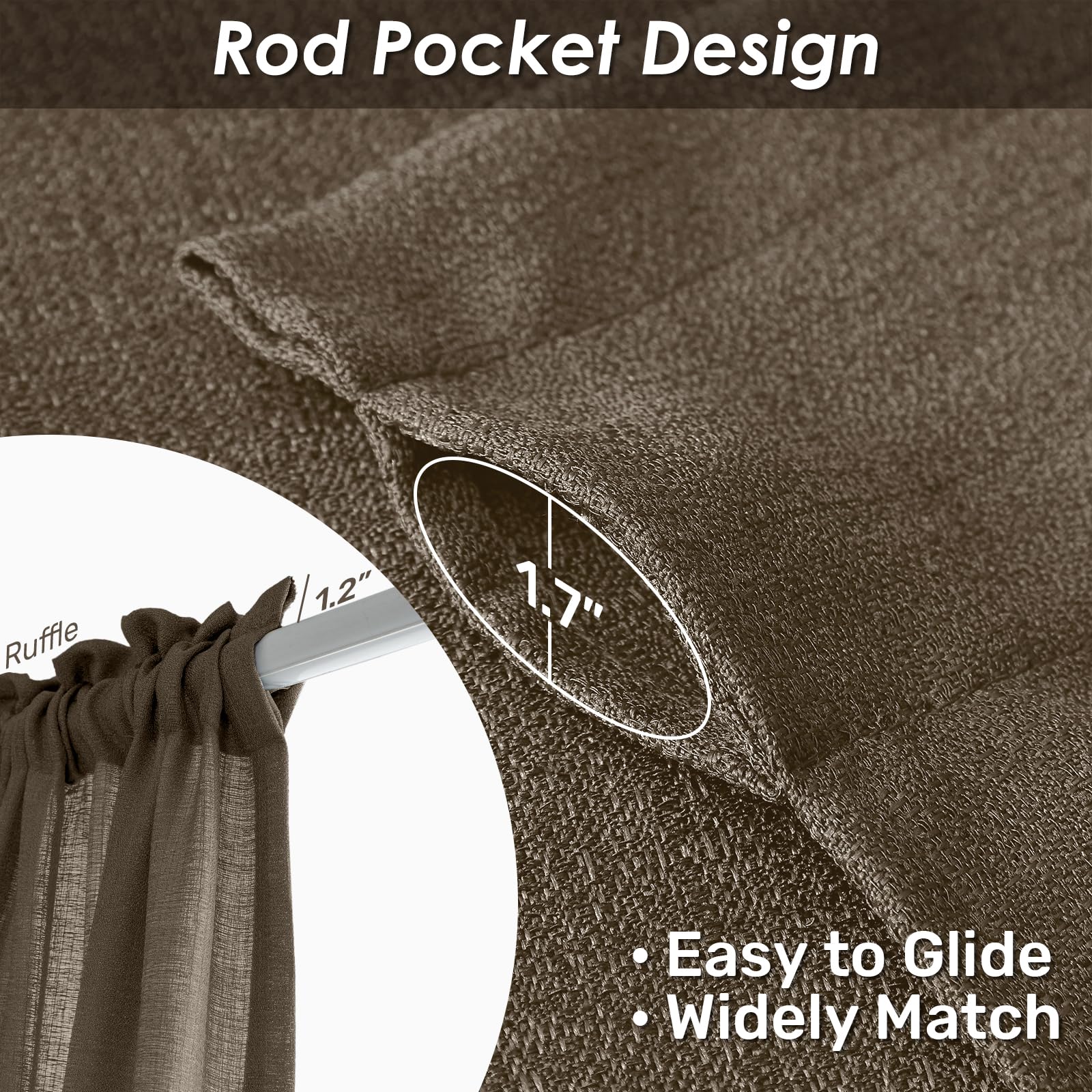 Melodieux Brown Semi Sheer Curtains 72 Inches Long For Bedroom, Living Room Linen Look Privacy Window Rod Pocket Sheer Drapes, 5