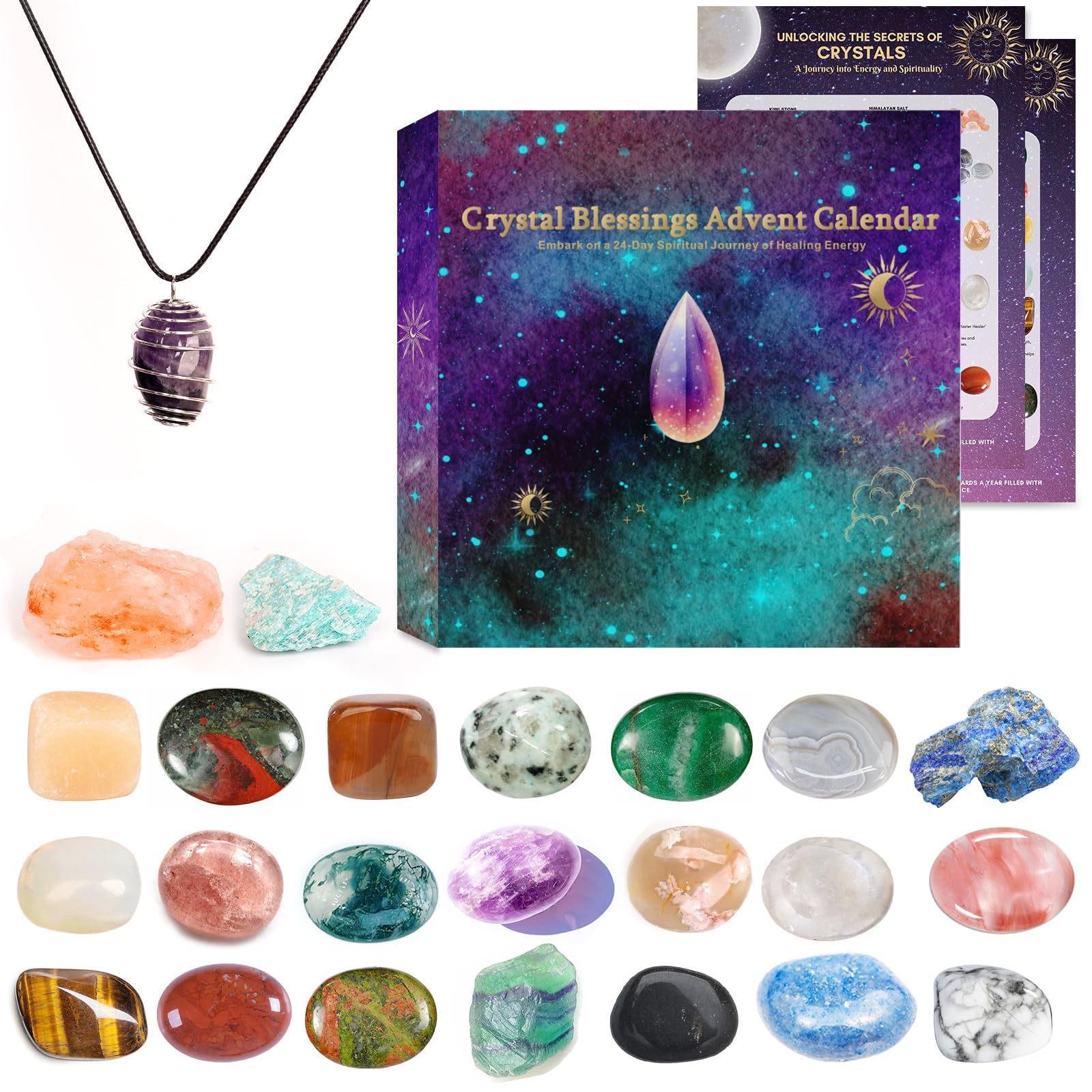 Advent Calendar 2024 Christmas Crystals-24 Gemstones Countdown Calendars,Natural Beauty Stones Kit Healing Journey for Women Gir