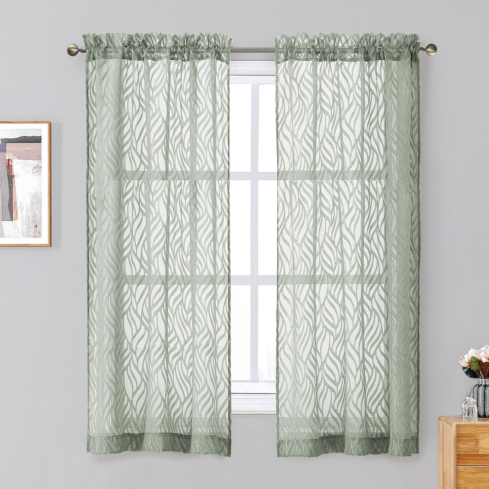 Chyhomenyc Marilyn Sage Green Sheer Curtains 63 Inch Length 2 Panels, Light Filtering 3D Leaf Clip Jacquard Textured Voile Drape