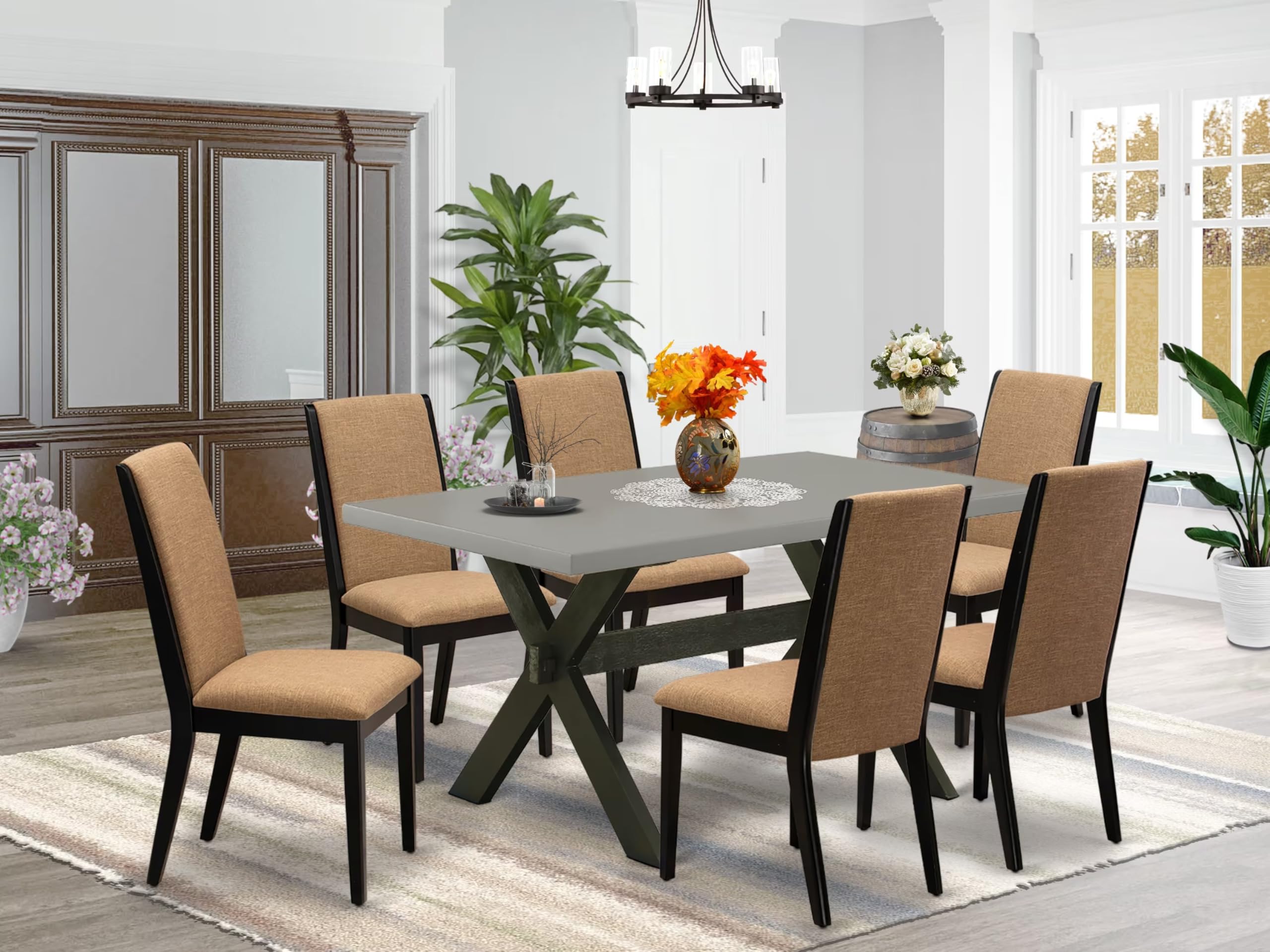 East West Furniture X696La147-7 7 Piece Dinette Set Consist Of A Rectangle Dining Room Table With X-Legs And 6 Light Sable Linen Fabric Upholstered Chairs, 36X60 Inch, Multi-Color