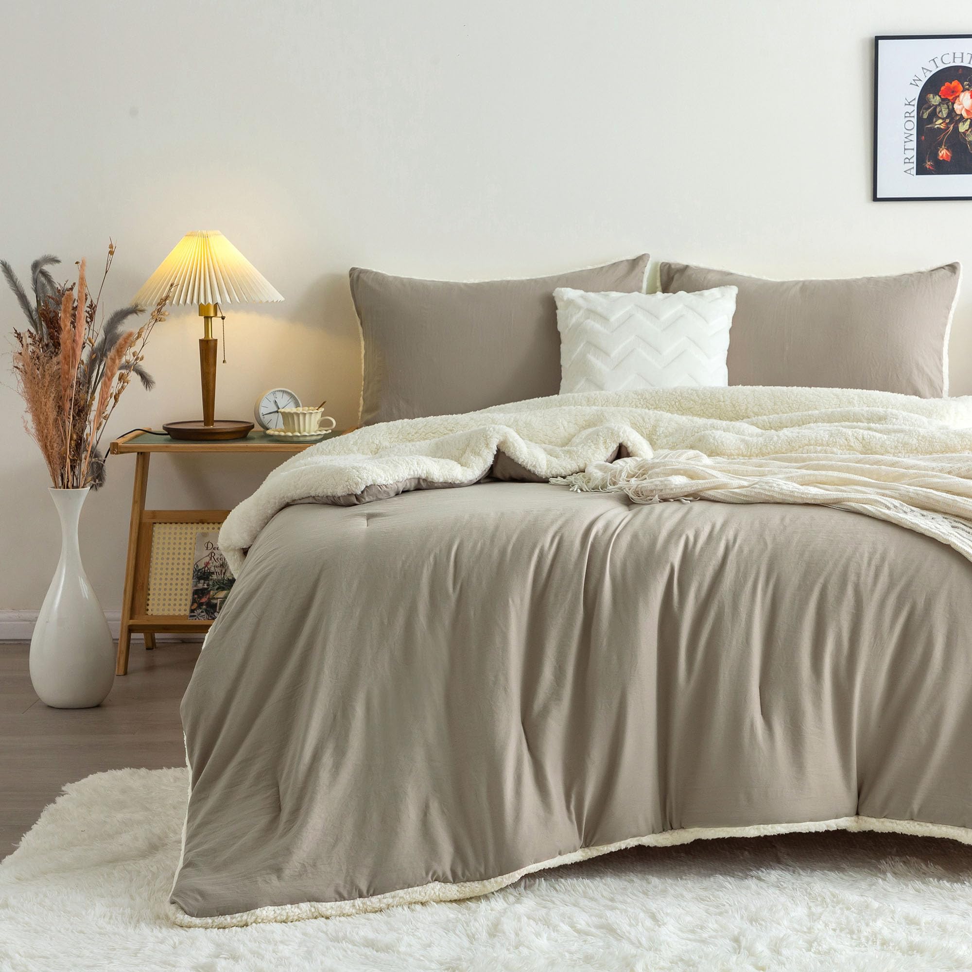 Cottebed Reversible Sherpa Bed Comforter Queen Set - Lightweight But Warmth Softness Shabby Comforter Set For Full Size Bedding,