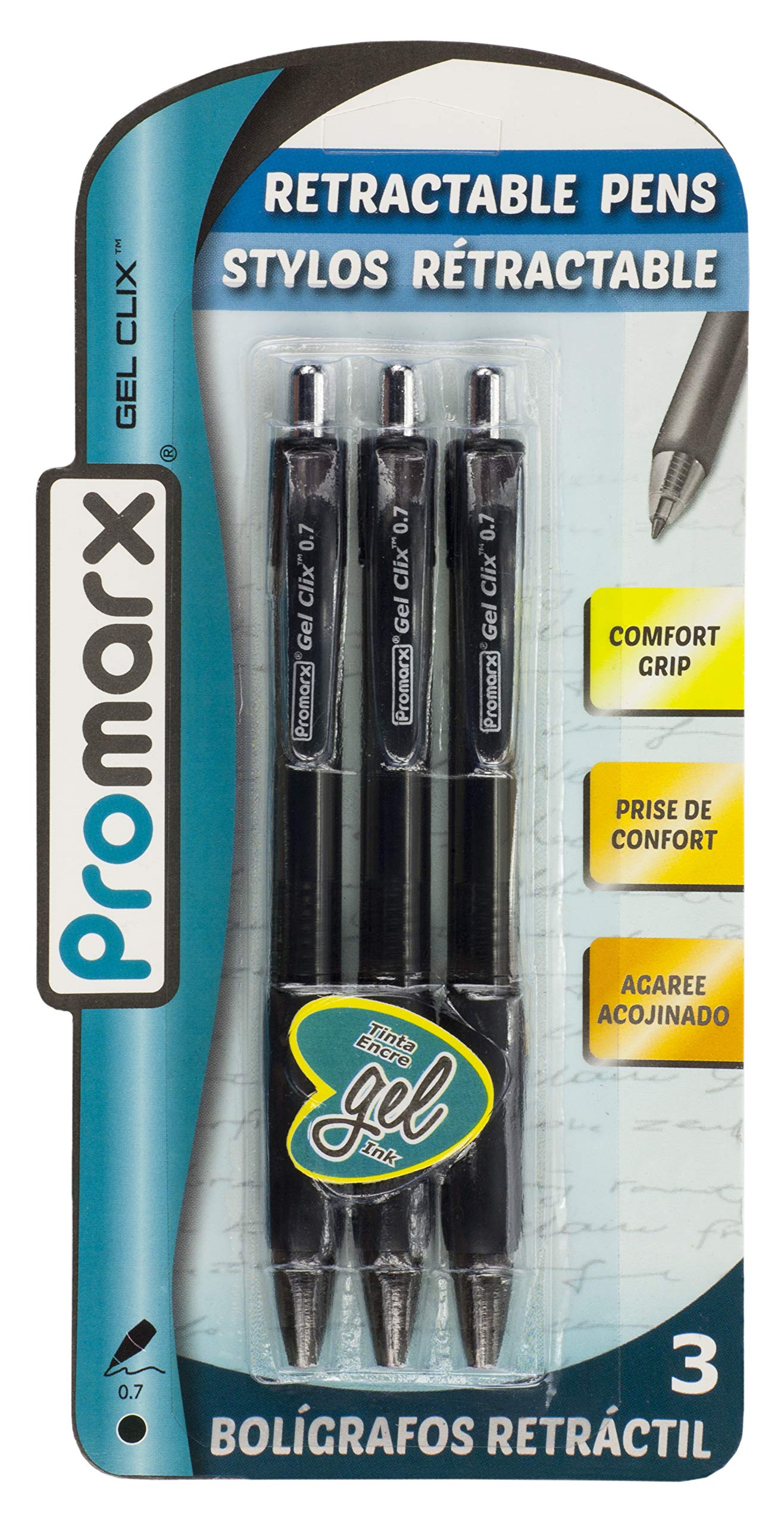Promarx Gel Clix Retractable Pens With Comfort Grip, 0.7 Mm, Black Ink, Pack Of 3 (Ga01-Kp7B02-48)
