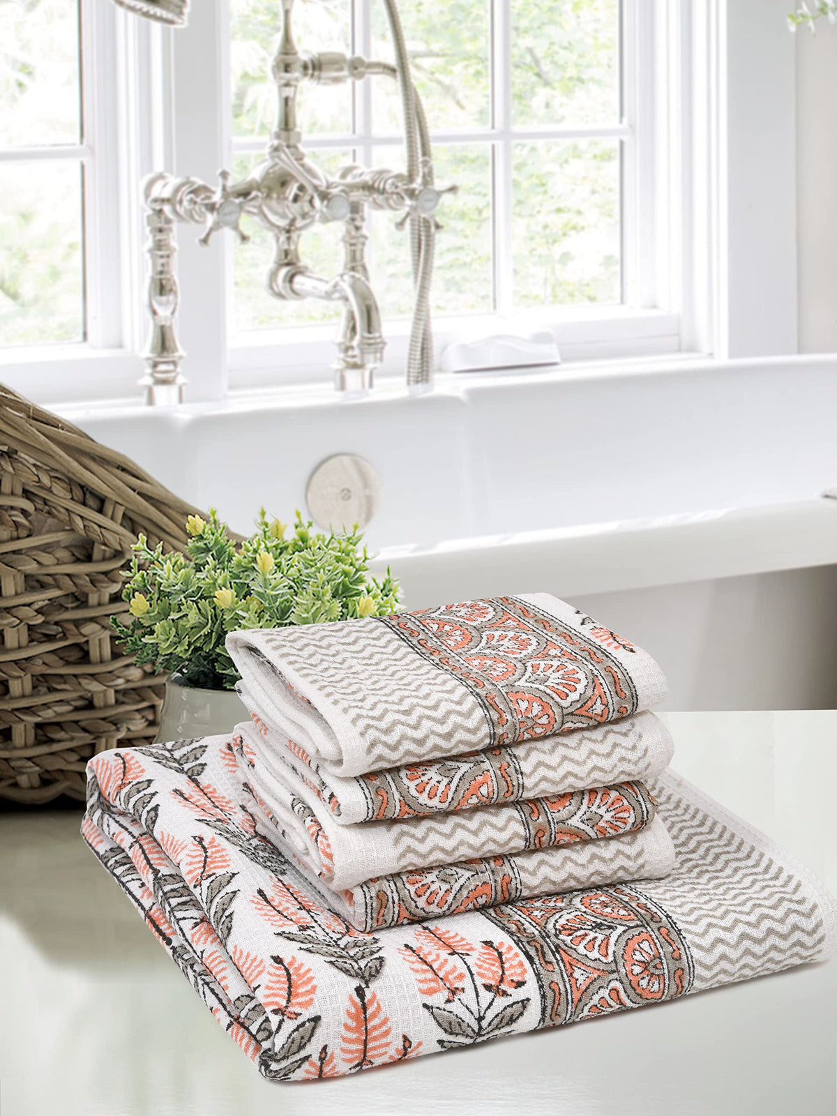 BLOCKS OF INDIA Cotton Hand Block Printed Soft Waffle Fabric Towel Set : 1 Bath Towel and 4 Hand Towel (Color 6)