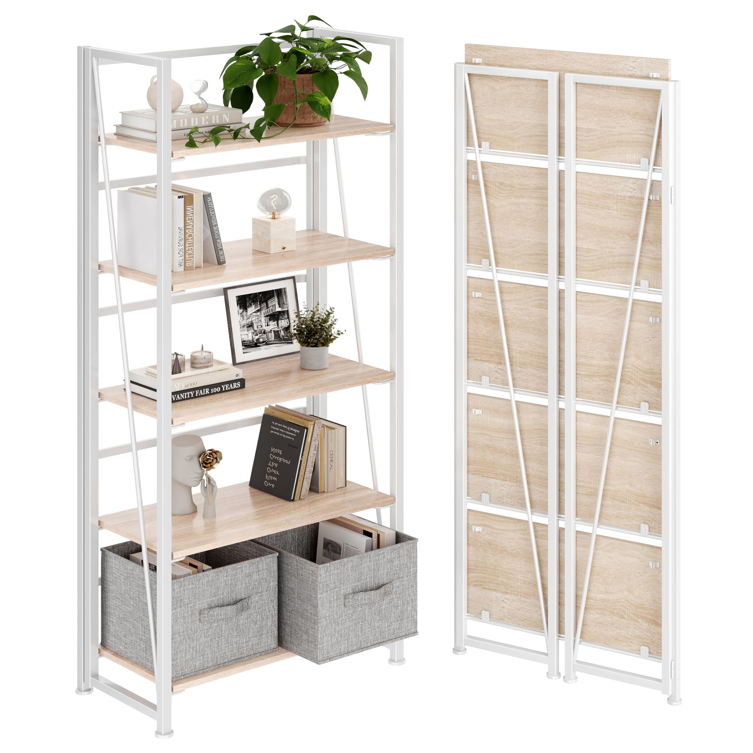 4NM No-Assembly Folding Bookshelf Storage Shelves 5 Tiers Vintage Bookcase Standing Racks Study Organizer Home Office (Natural a