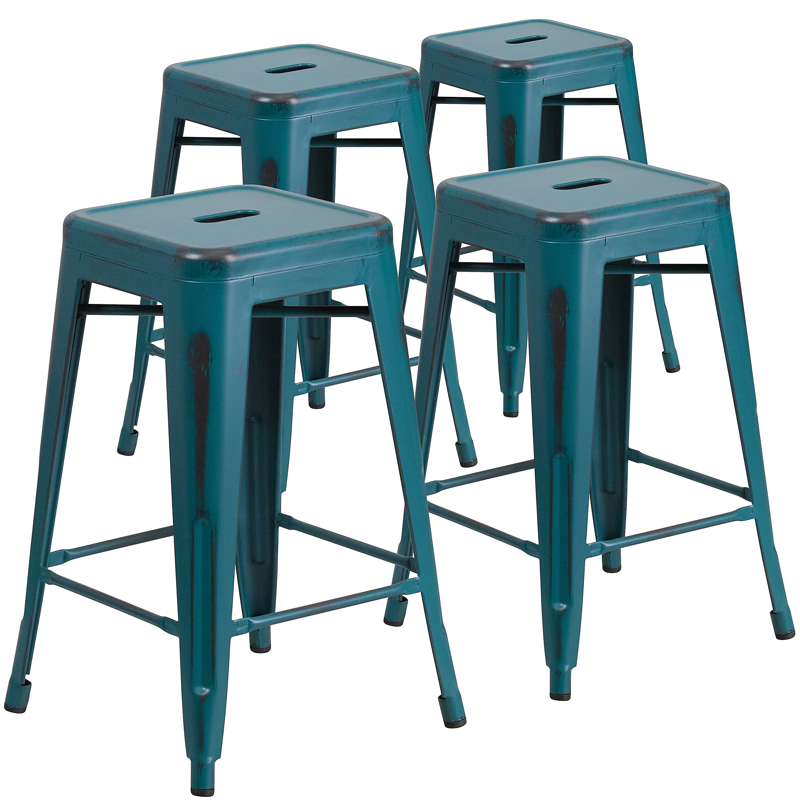 Flash Furniture Kai Commercial Grade 4 Pack 24 High Backless Distressed Kelly Blue-Teal Metal Indoor-Outdoor Counter Height Stoo