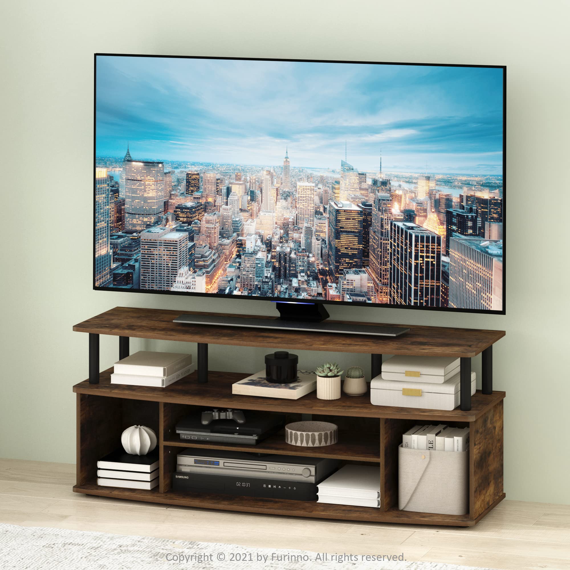 Furinno Jaya Large Entertainment Center Stand Unit/Tv For Up To 55 Inch, Amber Pine/Black