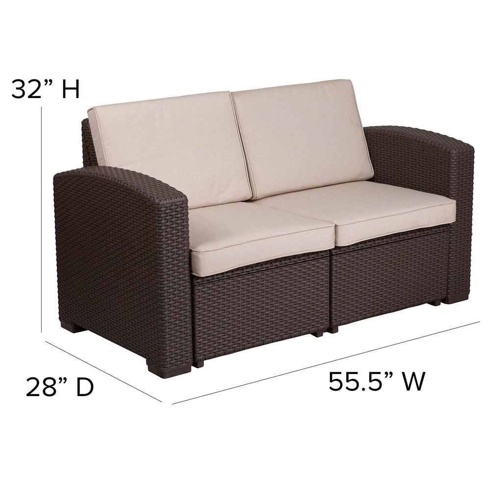 Flash Furniture Seneca Chocolate Brown Faux Rattan Loveseat with All-Weather Beige Cushions