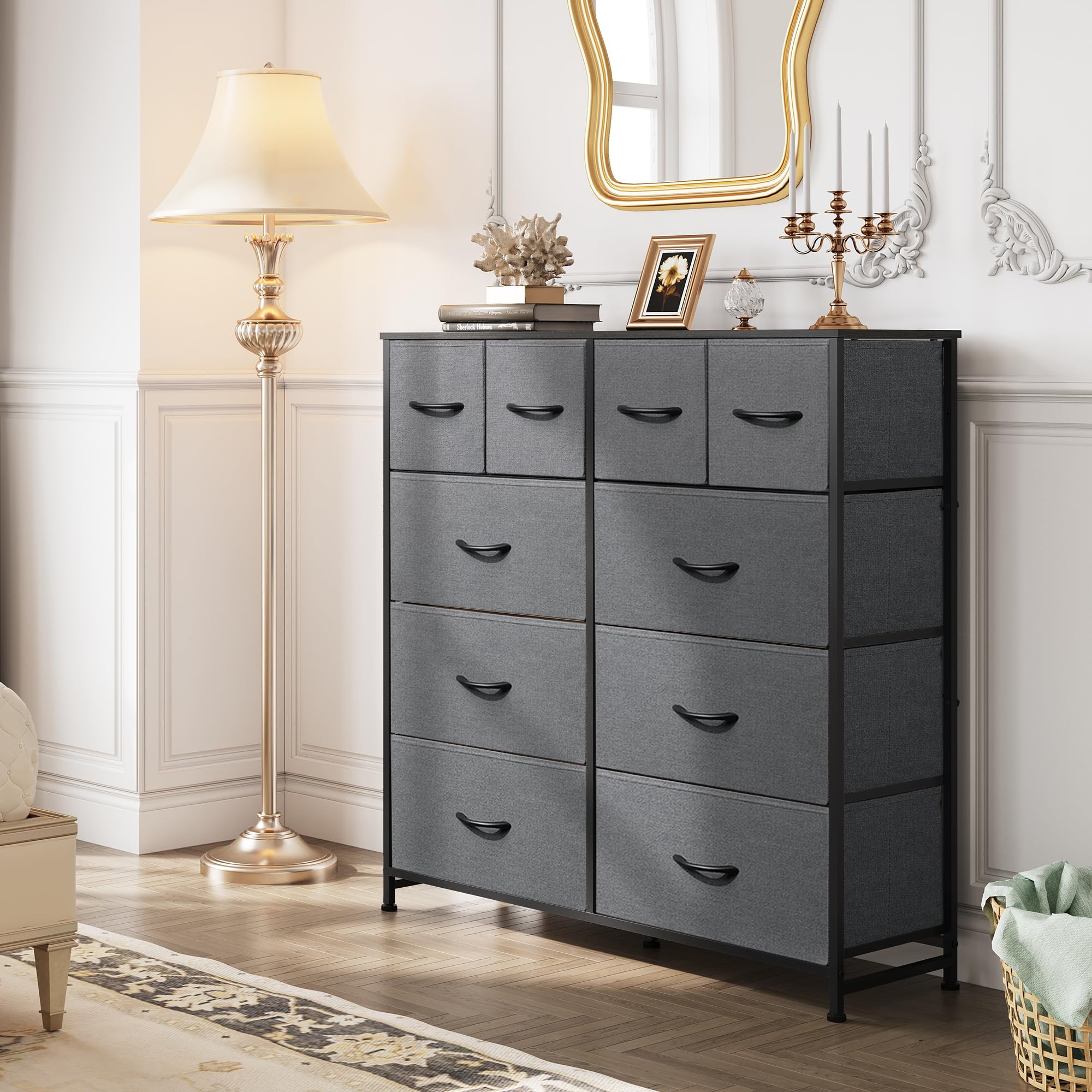 Wlive Fabric Dresser For Bedroom, Dresser With 10 Drawers, Storage Tower With Fabric Bins, Double Dressers, Chest Of Drawers For Closet, Living Room, Hallway, Dark Grey