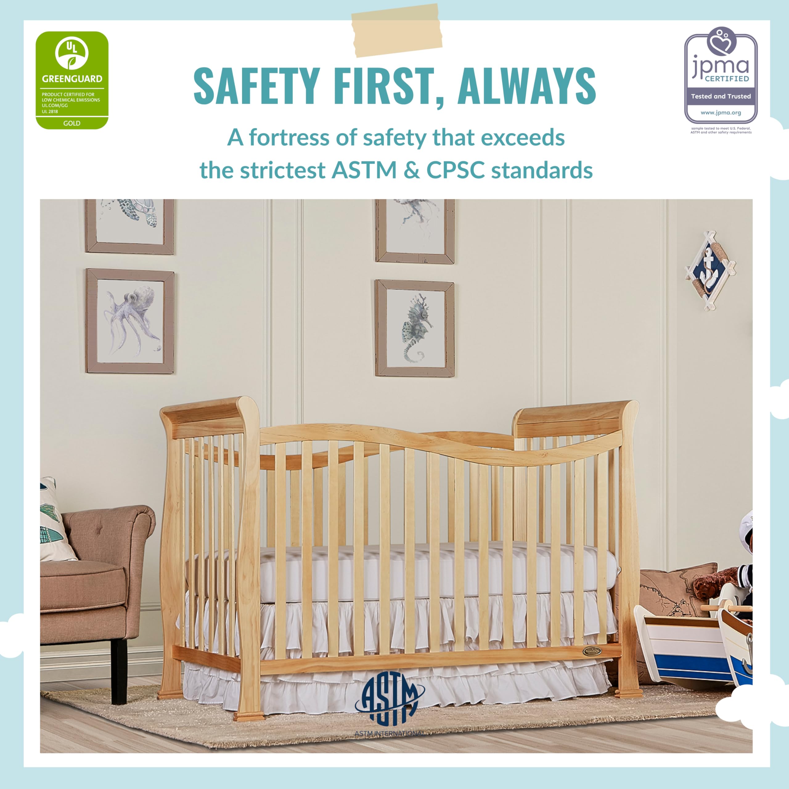 Dream On Me Violet 7-In-1 Convertible Life Style Crib In Natural, Greenguard Gold Certified, 4 Mattress Height Settings, Made Of Sustainable New Zealand Pinewood