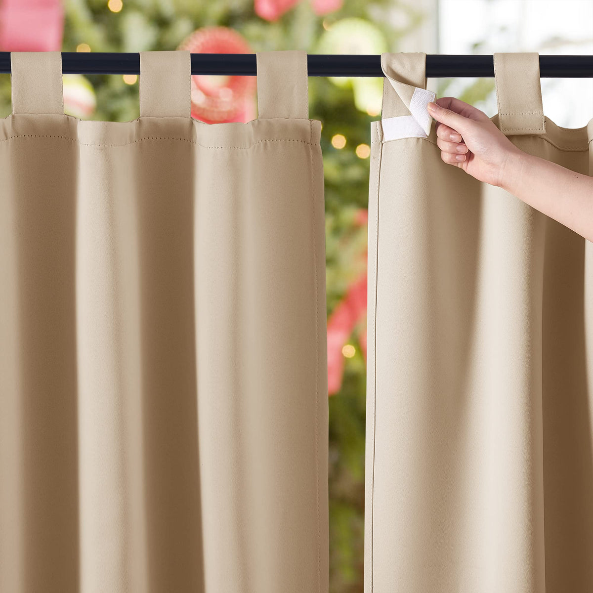 Nicetown 2 Panels Outdoor Patio Curtains Waterproof Room Darkening Drapes, Detachable Sticky Tab Top Thermal Insulated Privacy O