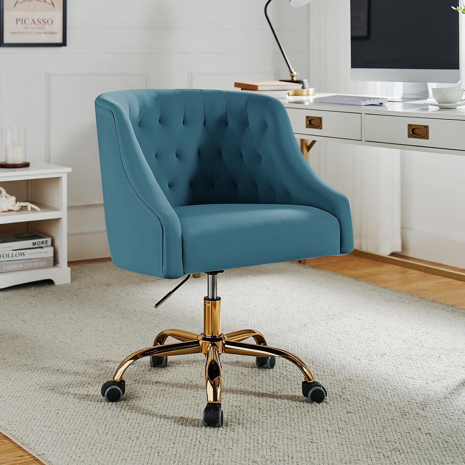 Velvet Home Office Chair With Gold Base, Comfortable Modern Cute Desk Chair, Height Adjustable Swivel Task Chair For Living Room