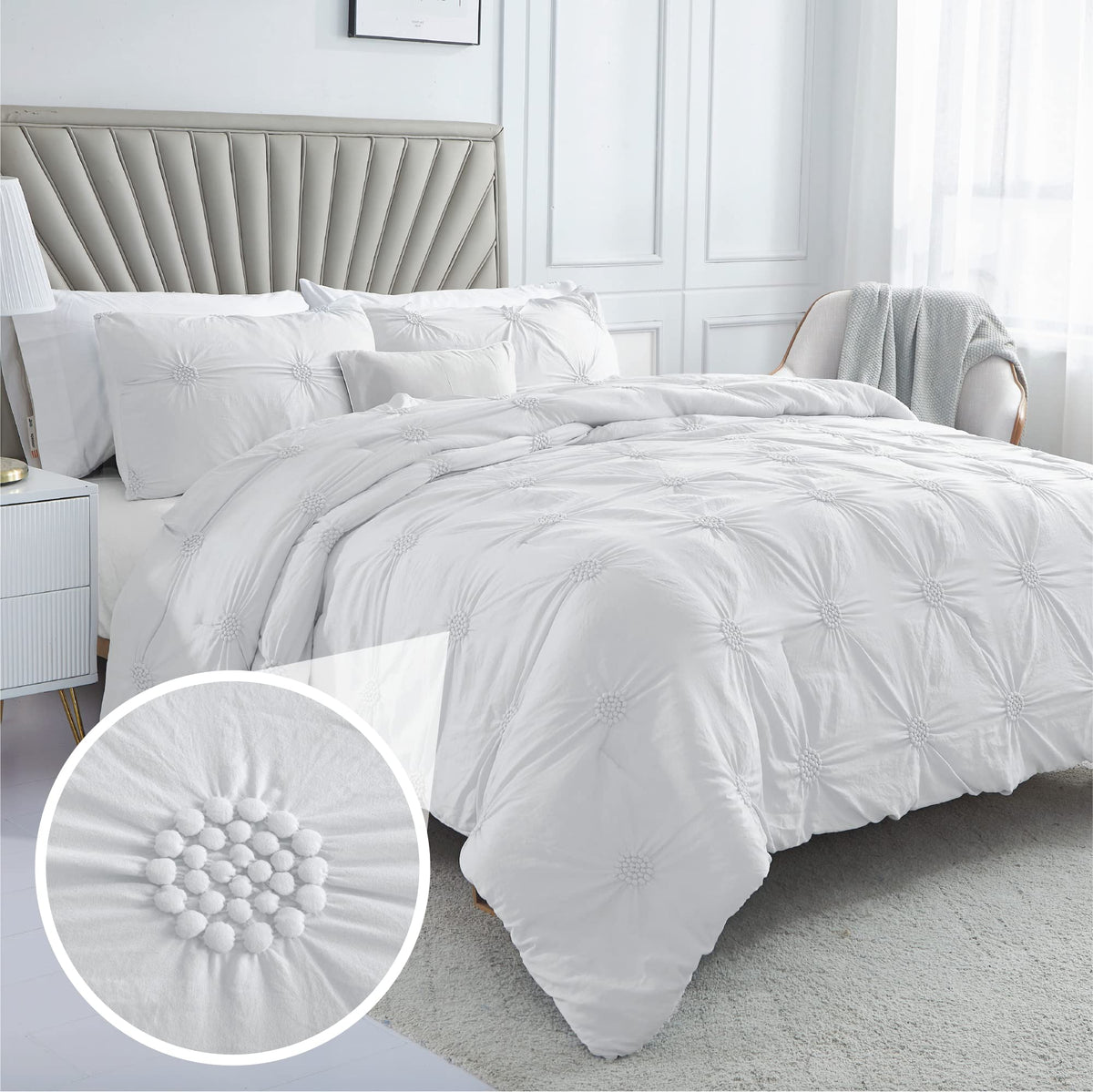 Swift Home Twin Twin Xl White 2-Piece Down Alternative Comforter Set Bedding Ruched 3D Floral Pintuck All-Season, Machine Washab